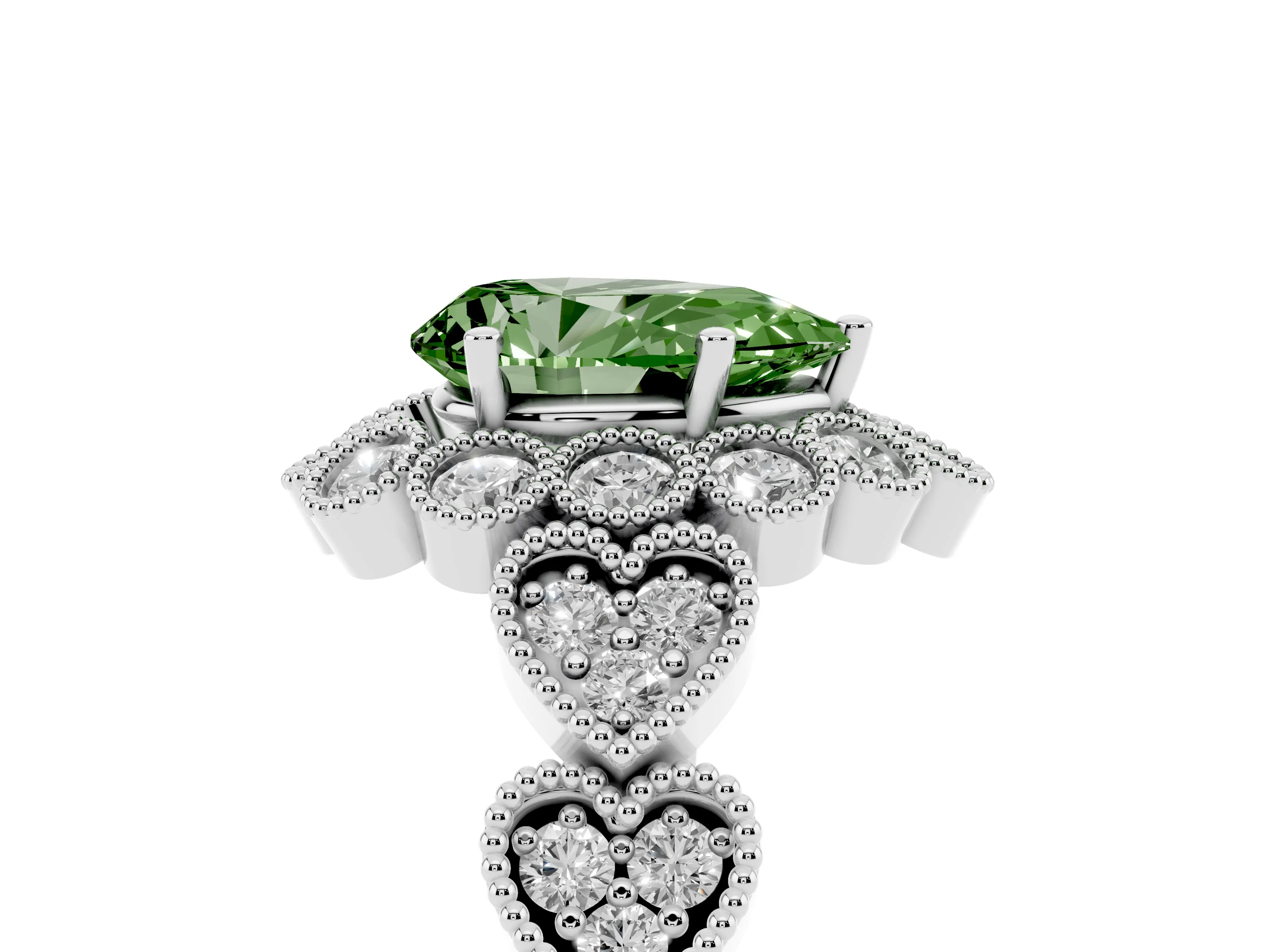 Fancy Green Pear Cut Diamond Solitaire Ring Set in White gold with Milgrain Pavé Heart Band