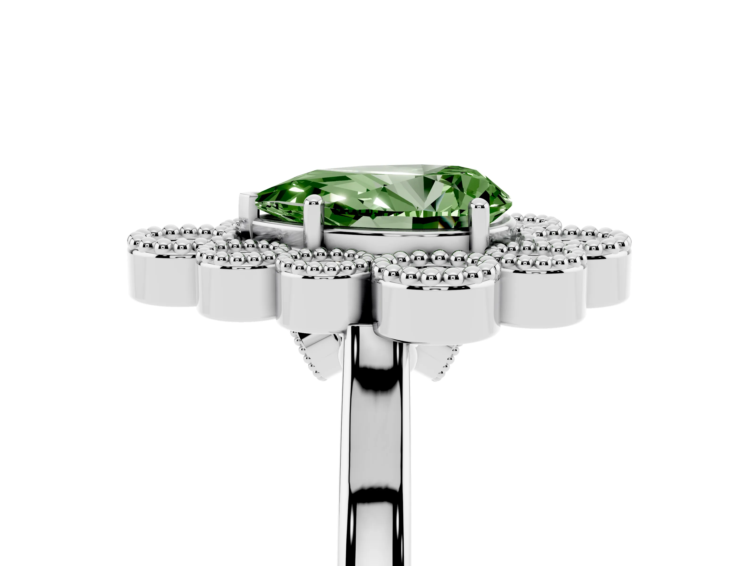 Fancy Green Pear Cut Diamond Cluster Halo Ring Set in White gold with Milgrain Bezel Accents and Plain Band