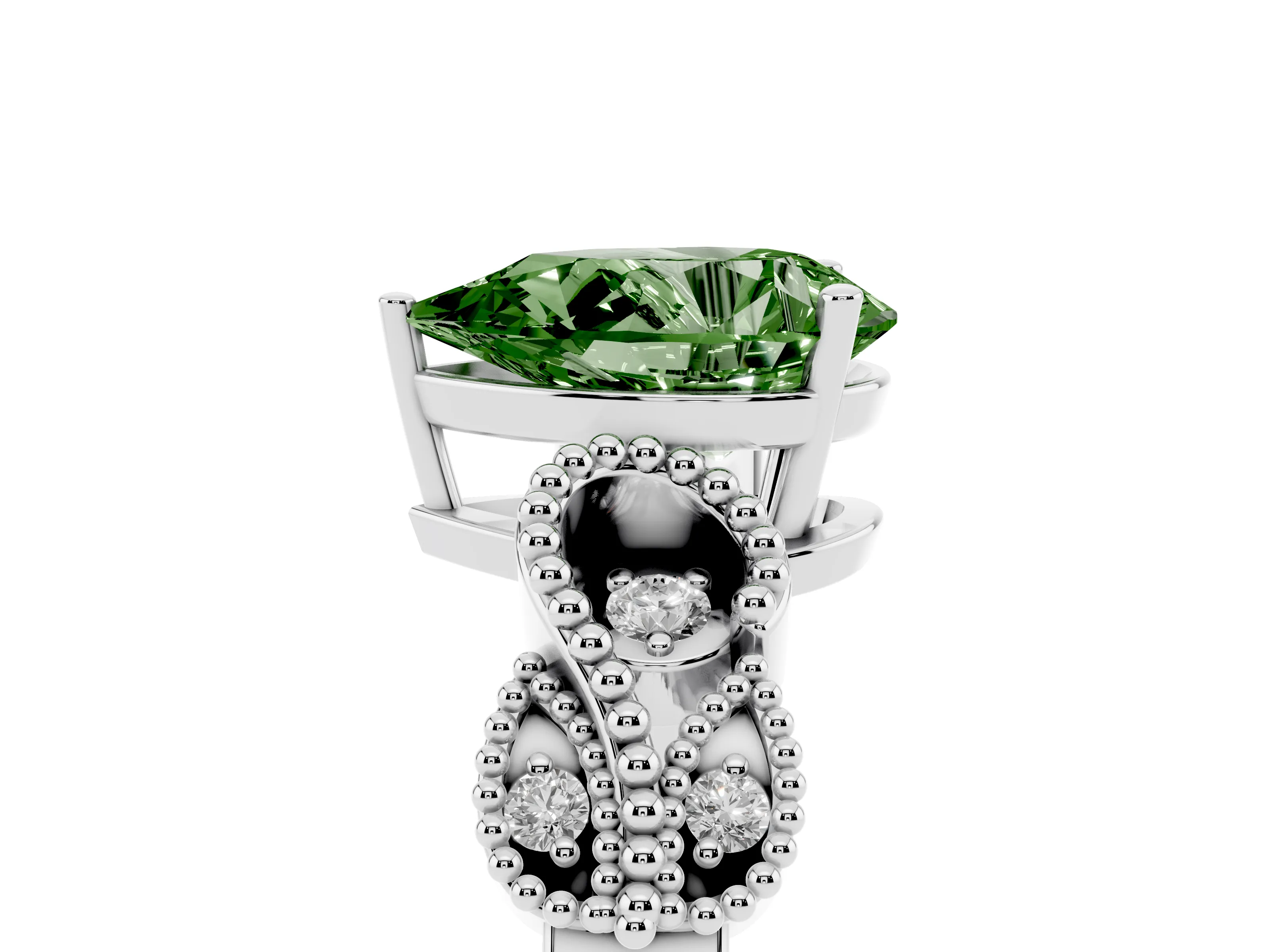Fancy Green Pear Cut Diamond Milgrain Leaf Band Solitaire Ring Set in White gold with Accent Stones and Prong Setting
