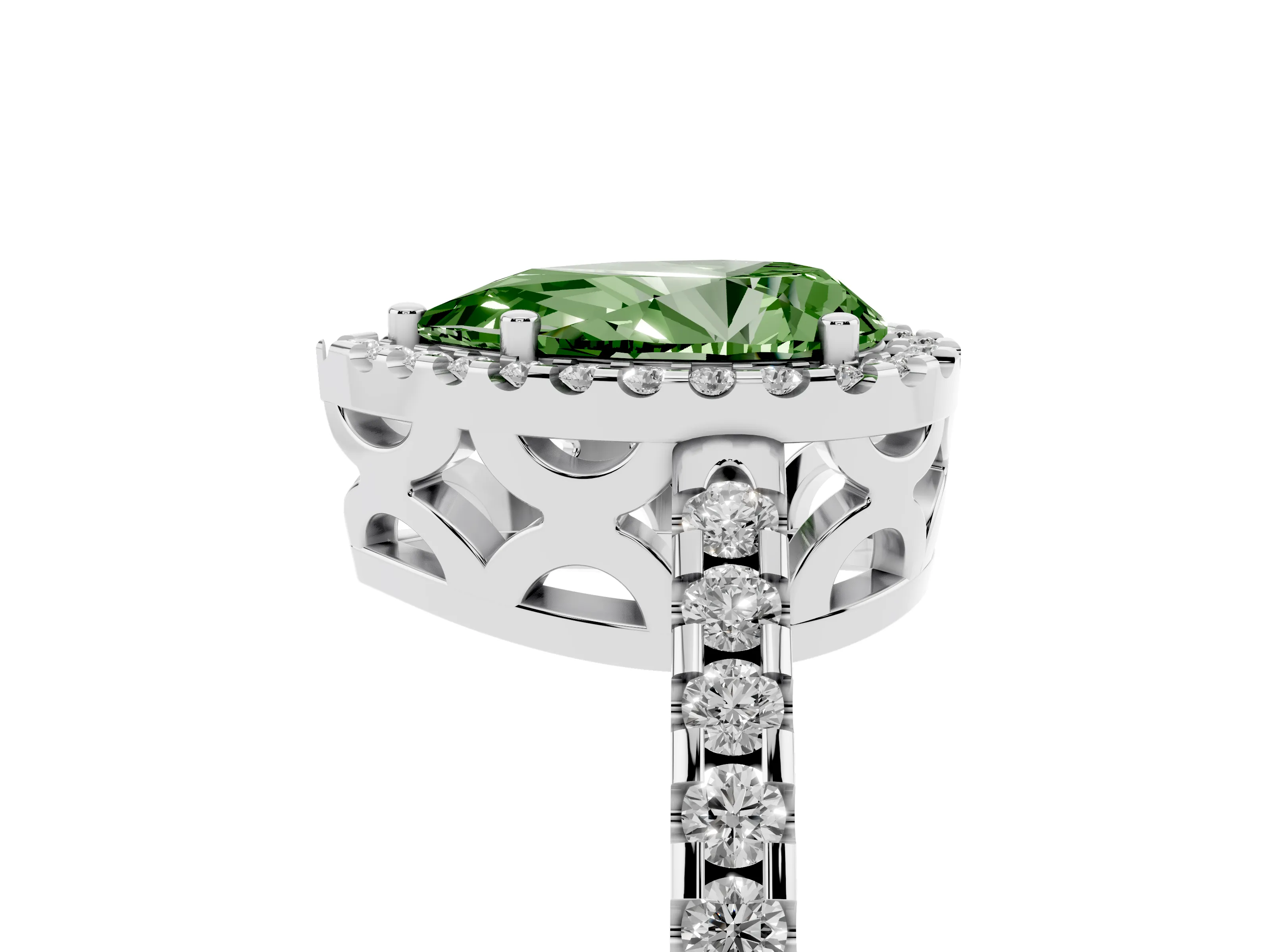 Fancy Green Pear Cut Diamond Halo Ring Set in Silver with Pavé Shoulders and Halo-Framed Center