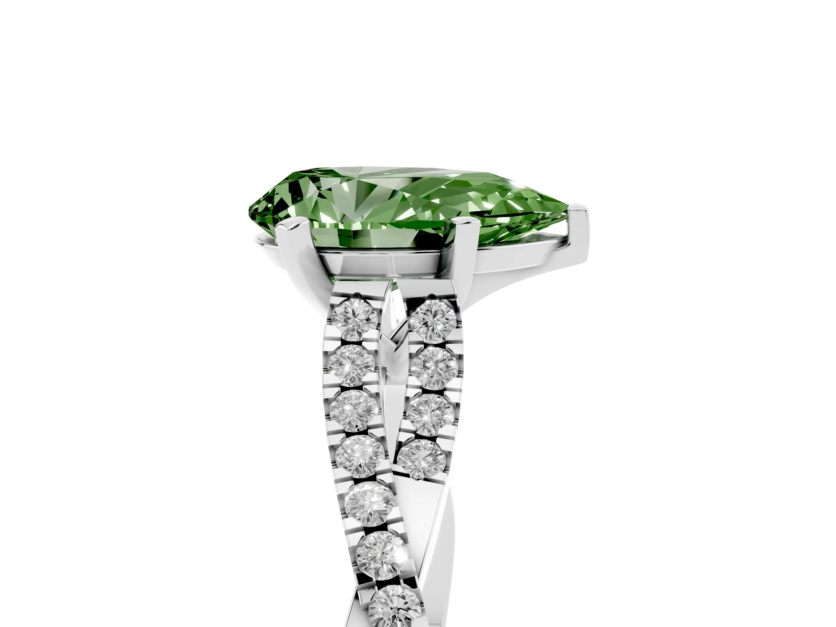 Fancy Green Pear Cut Diamond Solitaire Engagement Ring Set in White gold with Twisted Pavé Band and Prong Setting