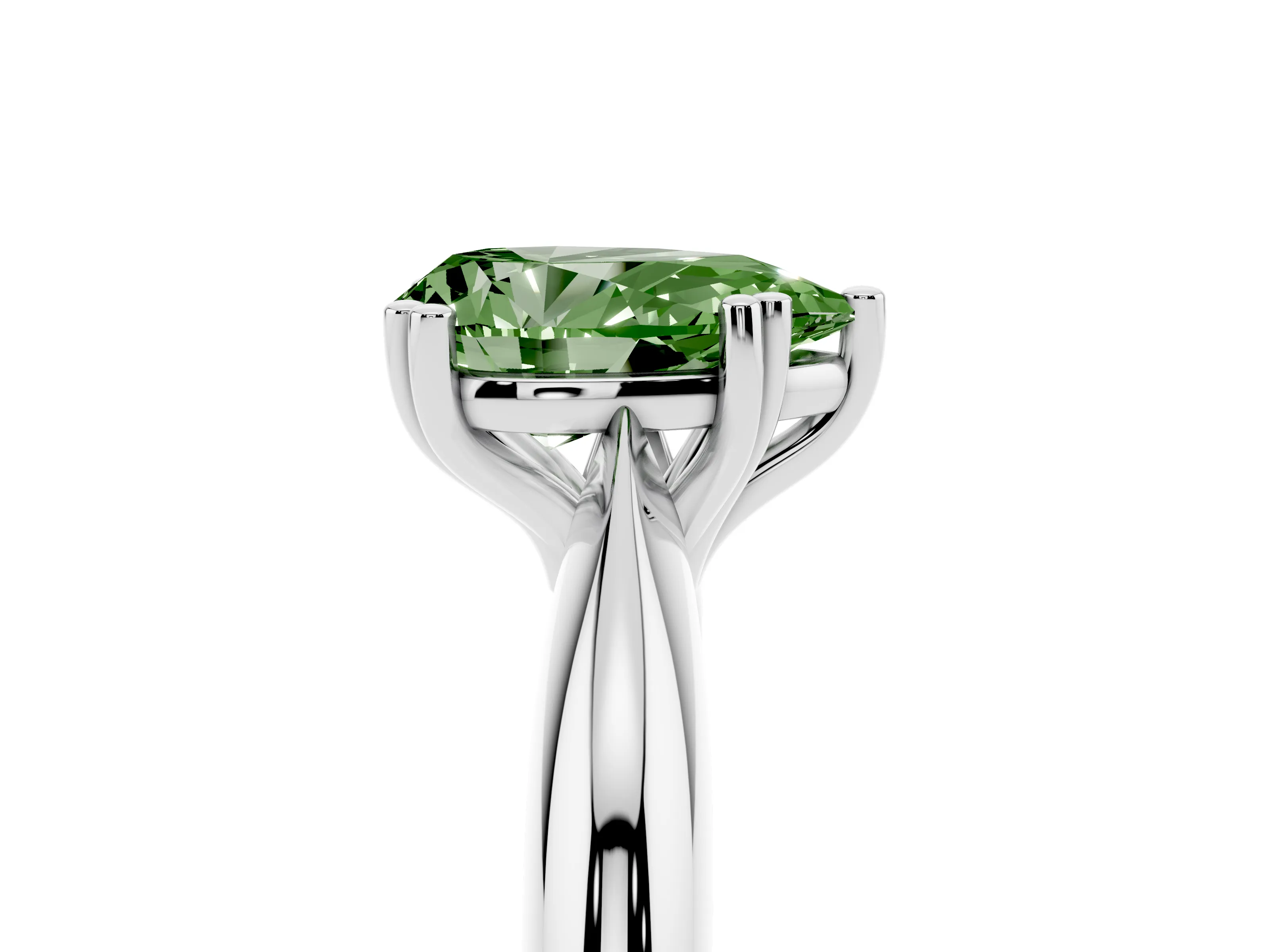 Fancy Green Pear Cut Diamond Solitaire Engagement Ring Set in White gold with Tapered Band and Prong Setting