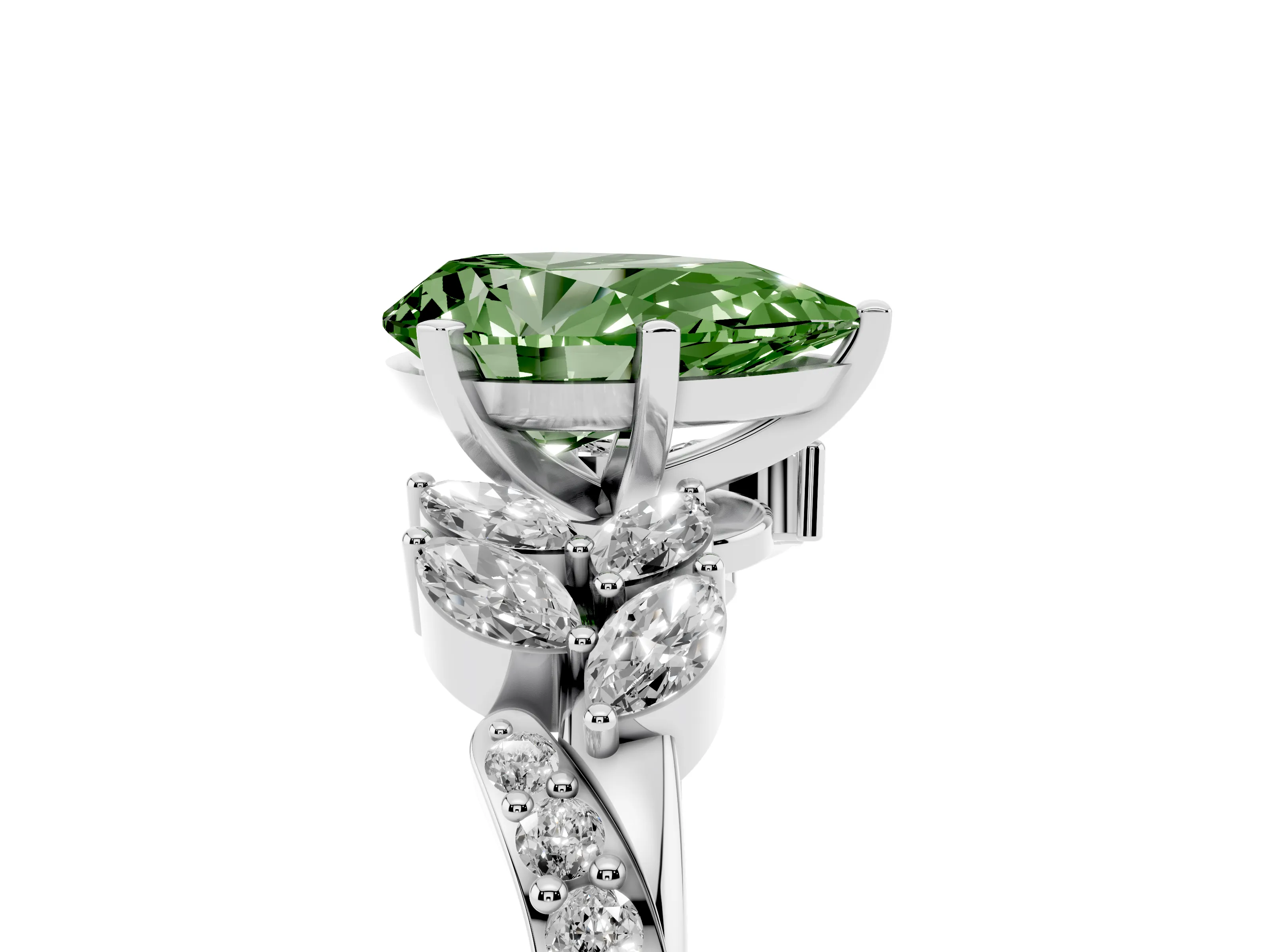 Fancy Green Pear Cut Diamond Solitaire Ring Set in Silver with Marquise Twist Band and Prong Setting