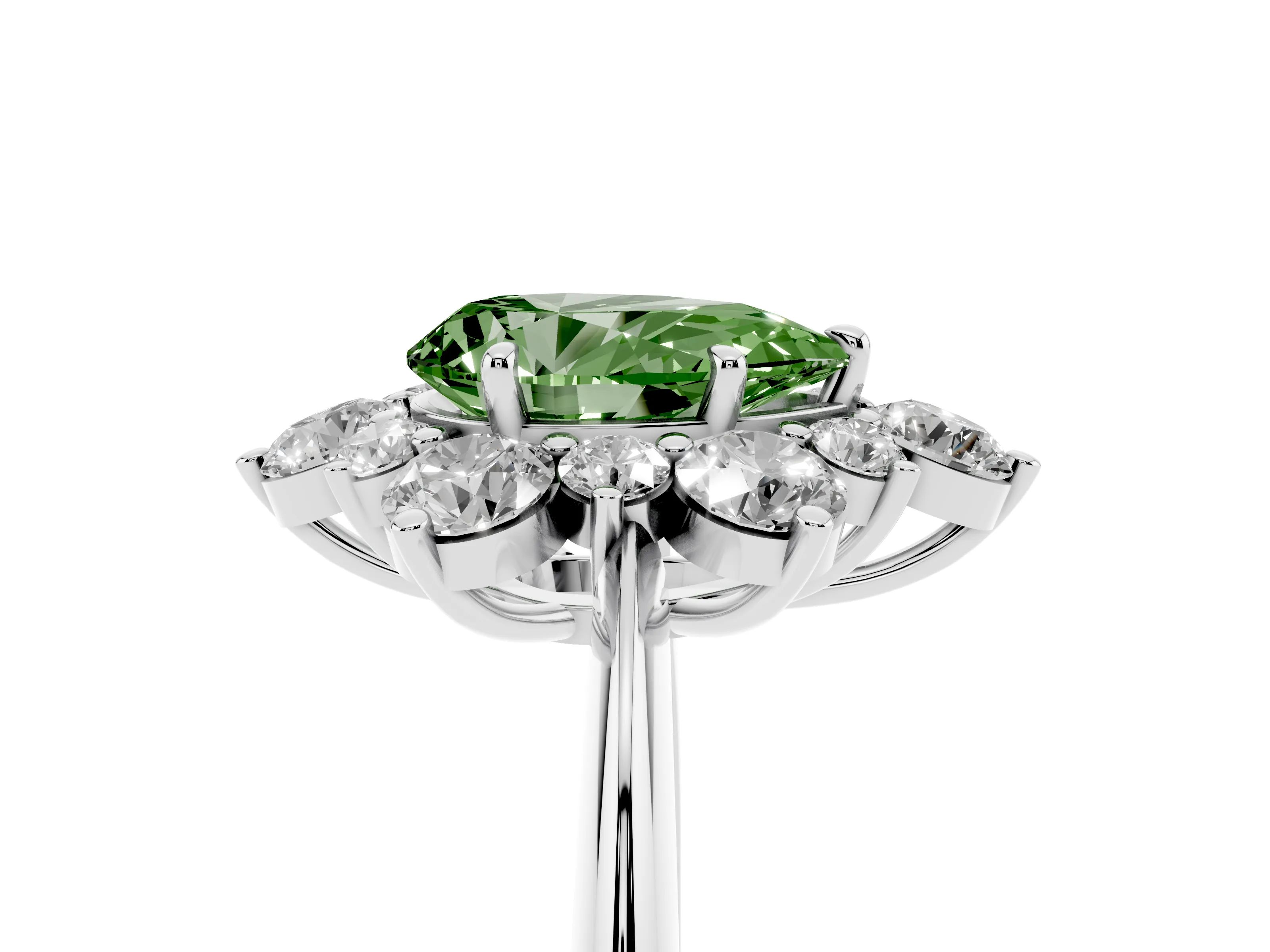 Fancy Green Pear Cut Diamond Cluster Halo Ring Set in White gold with Solitaire Band and Prong Setting