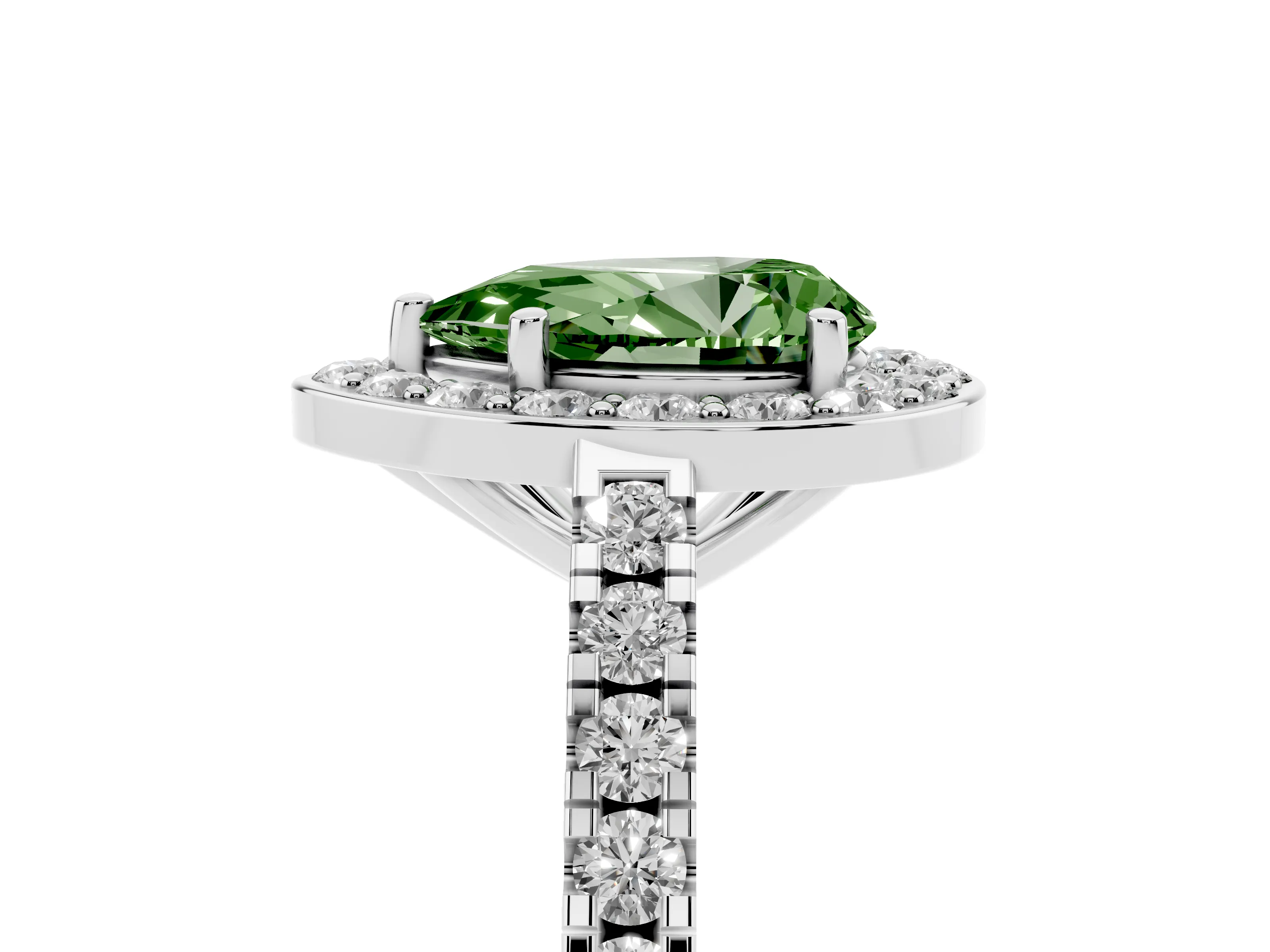 Fancy Green Pear Cut Diamond Halo Ring Set in Silver with Round Pavé Split Shank and Prong Setting