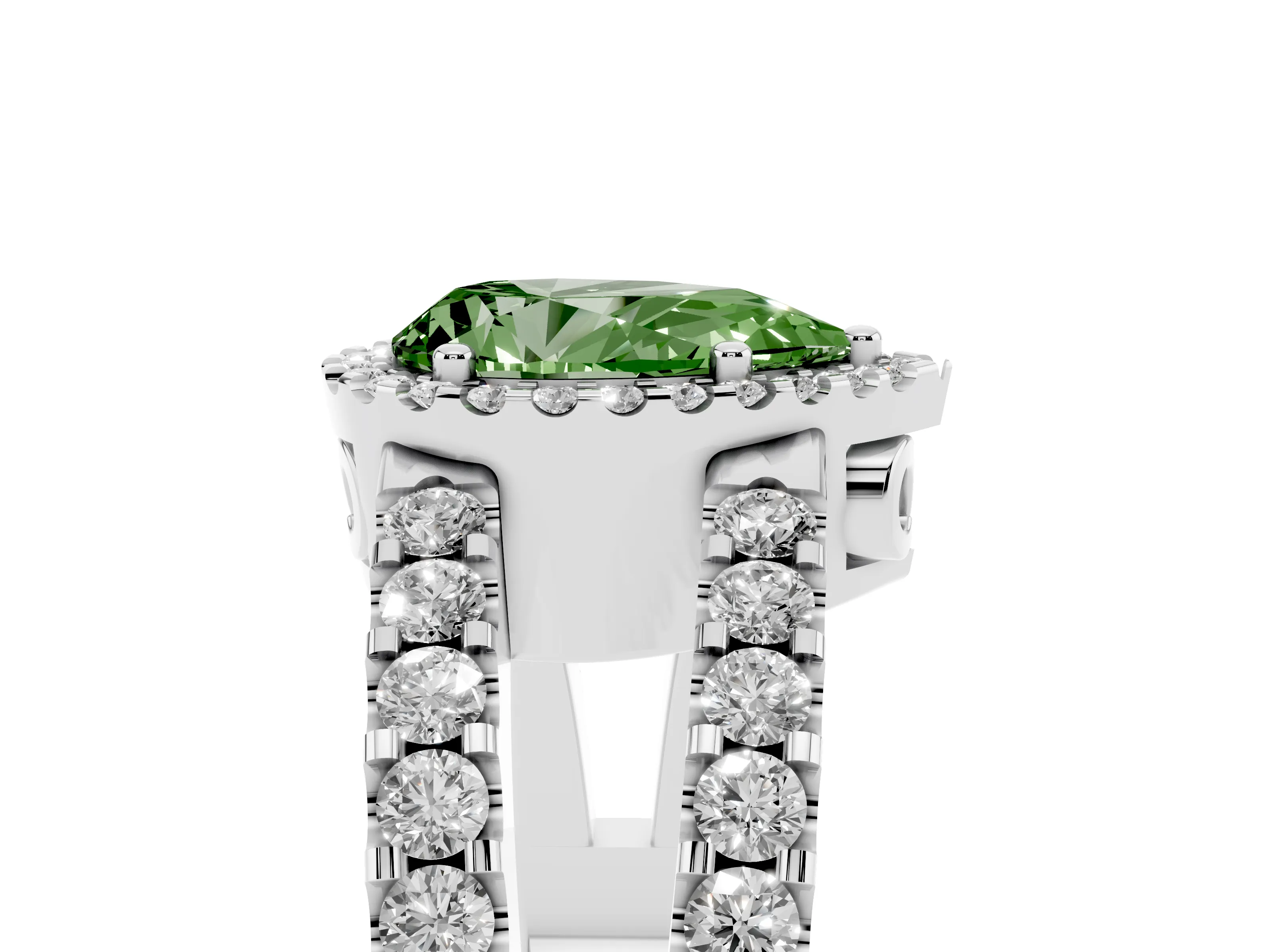 Fancy Green Pear Cut Diamond Halo Ring Set in Platinum with Pavé Split Shank and Prong Setting