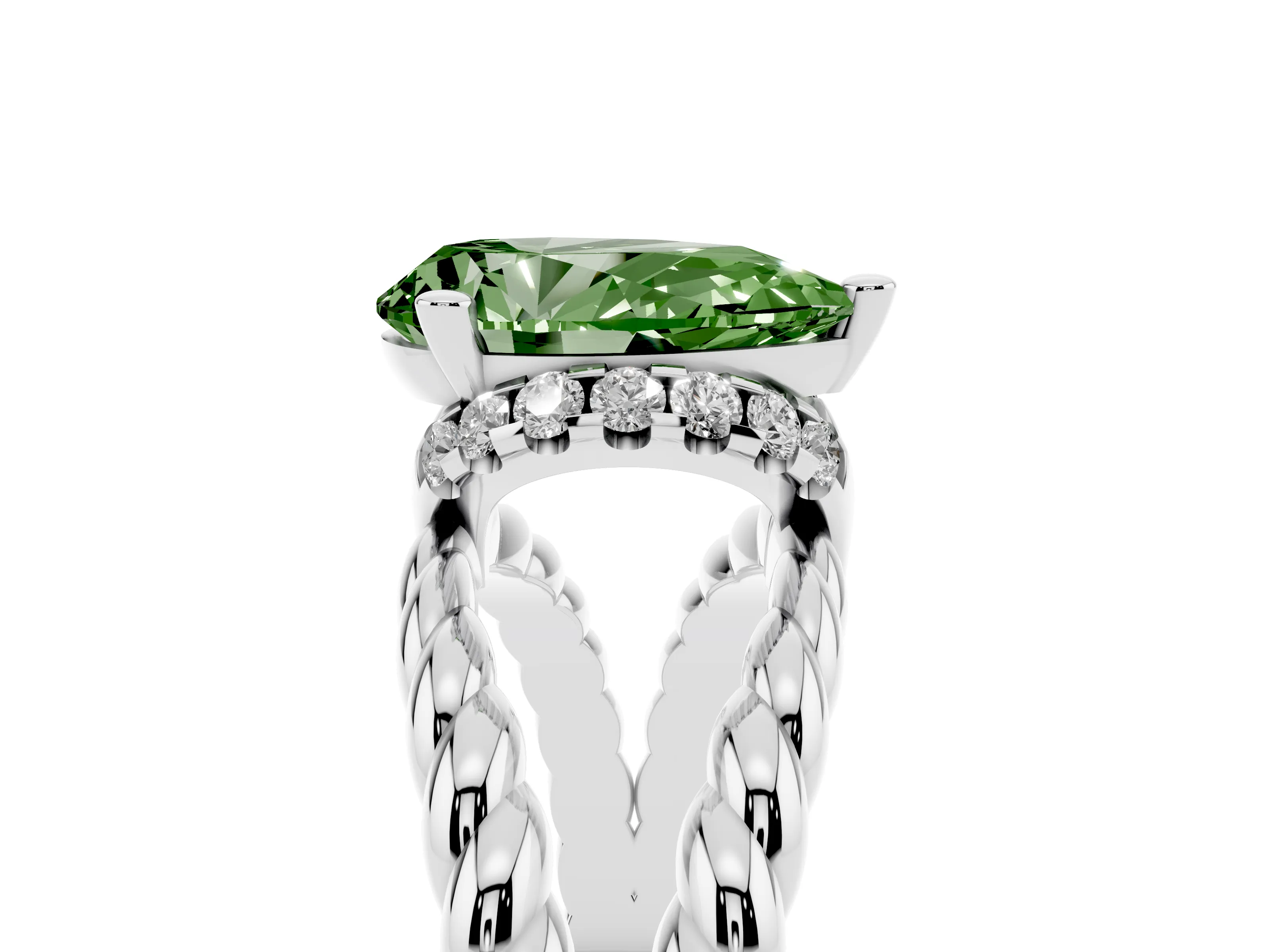 Fancy Green Pear Cut Diamond Halo Ring Set in White gold with Twisted Band and Prong Setting