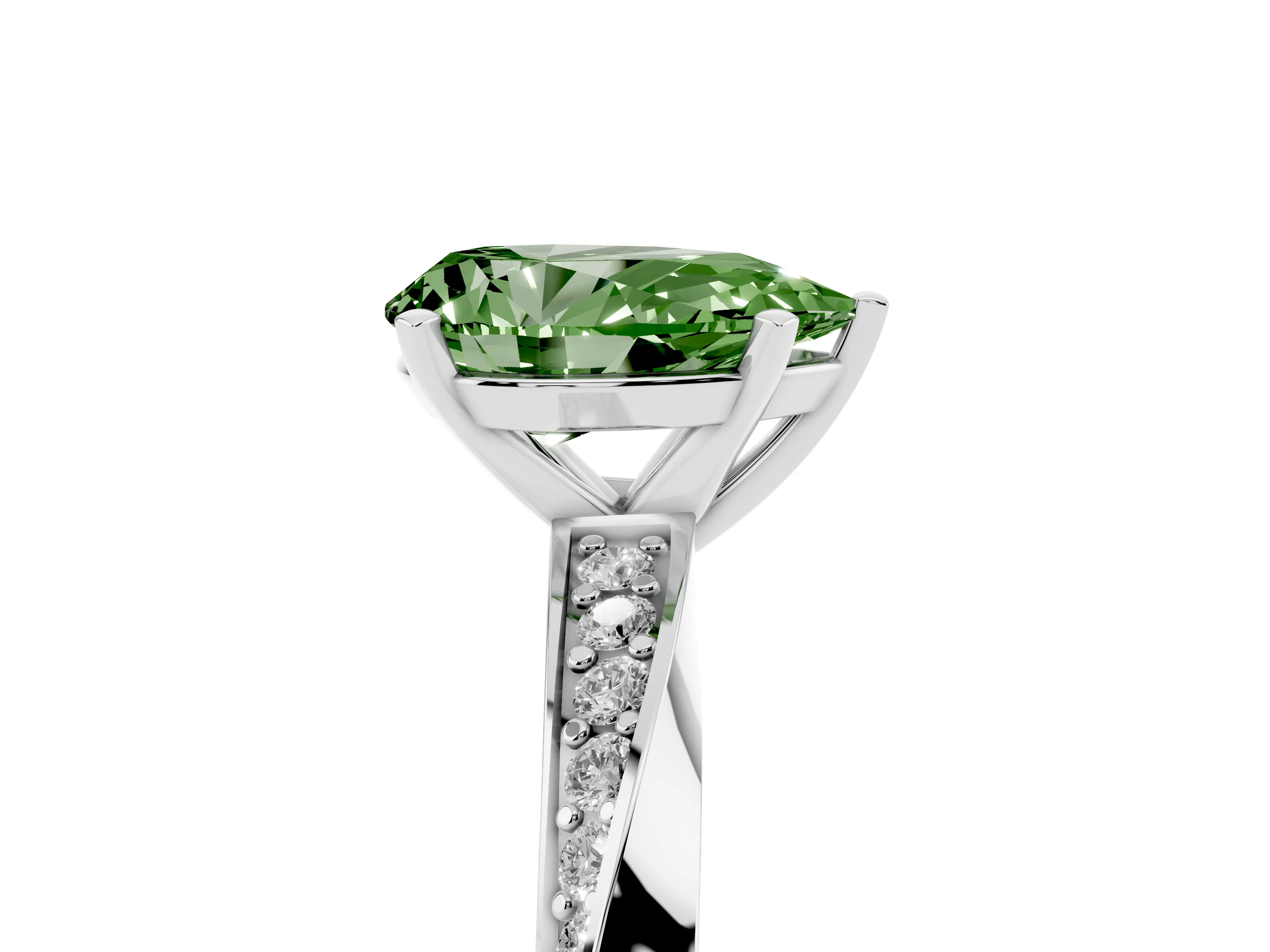 Fancy Green Pear Cut Diamond Engagement Ring Set in Silver with Side Stone Accents and Prong Setting
