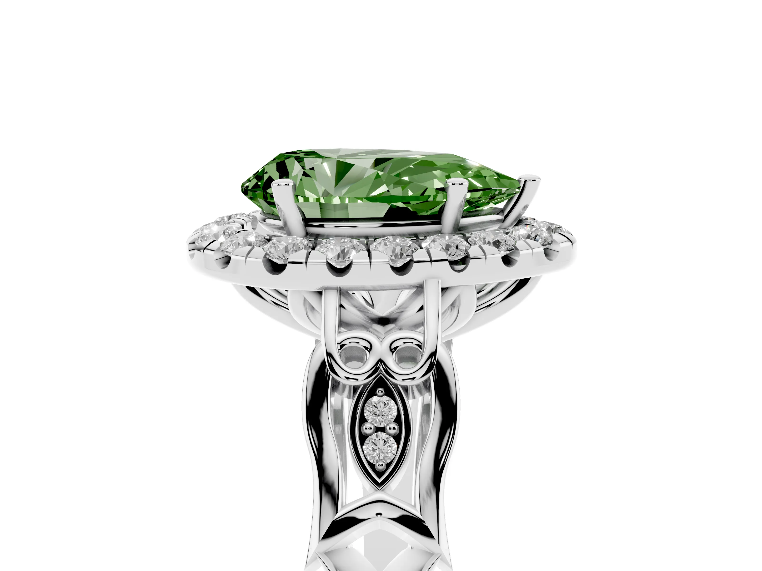 Fancy Green Pear Cut Diamond Halo Engagement Ring Set in Platinum with Filigree Band and Prong-Set Center