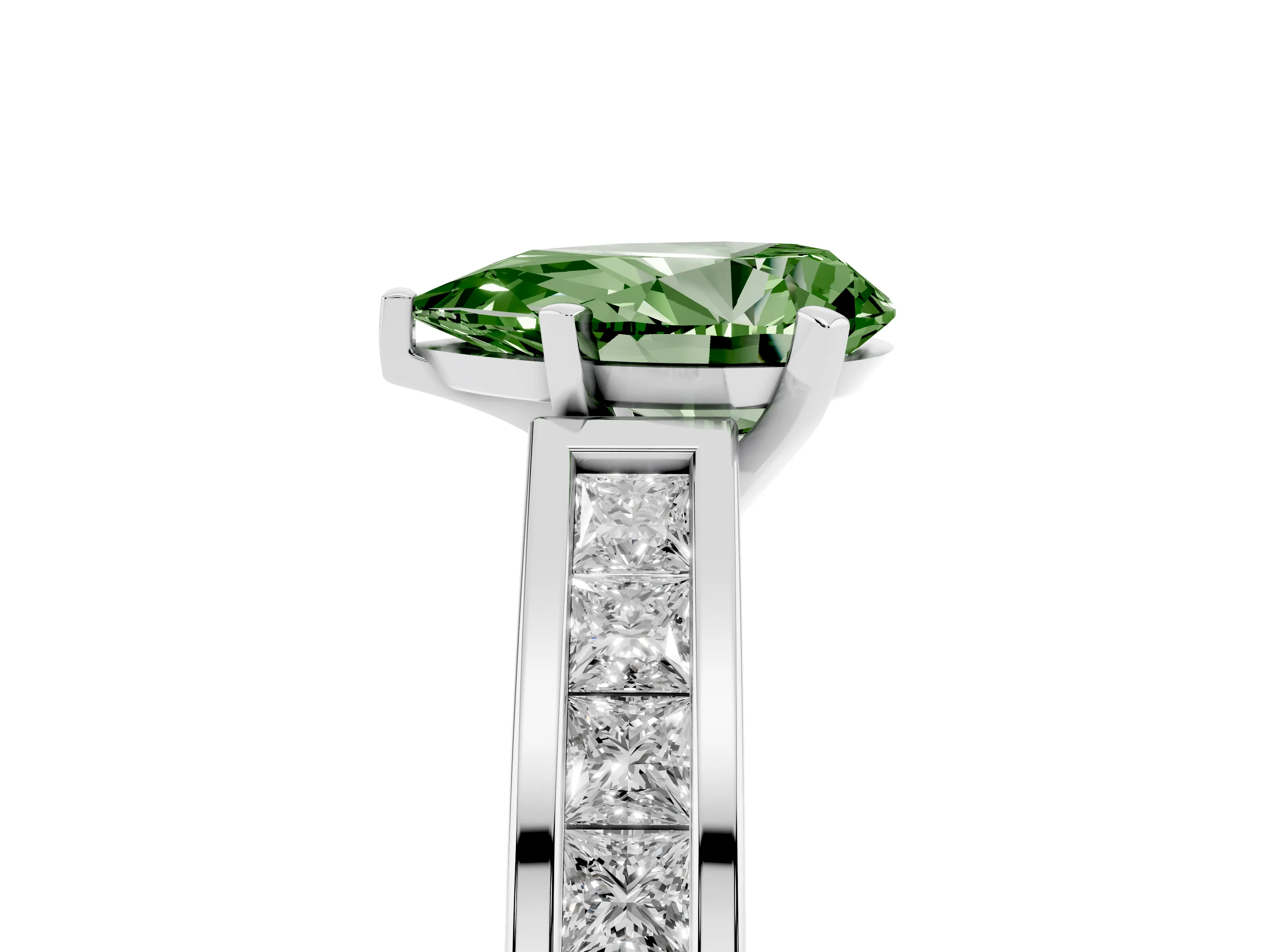 Fancy Green Pear Cut Diamond Solitaire Ring Set in Silver with Channel-Set Band and Prong Setting