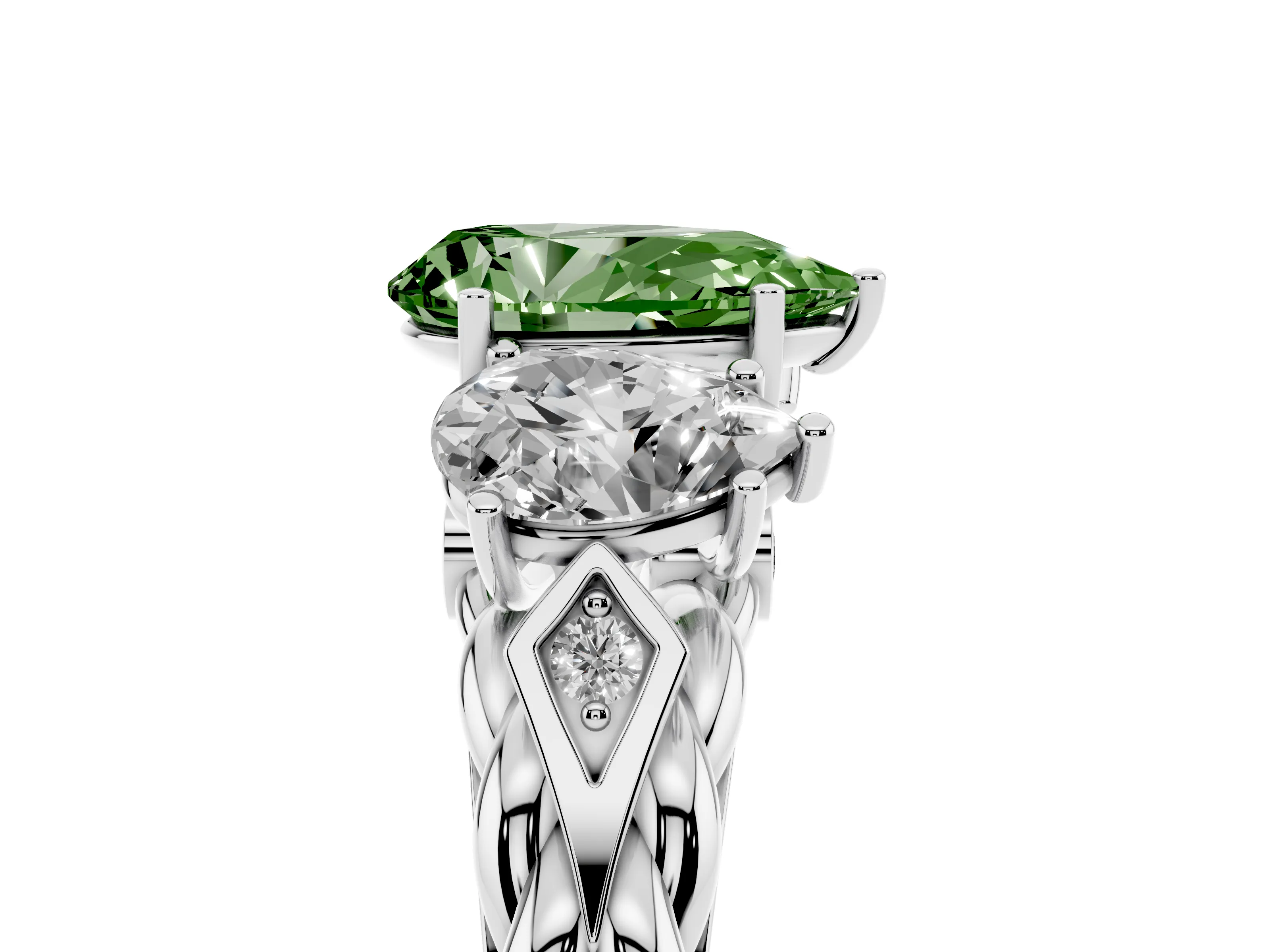 Fancy Green Pear Cut Diamond Three-Stone Ring Set in Platinum with Braided Band