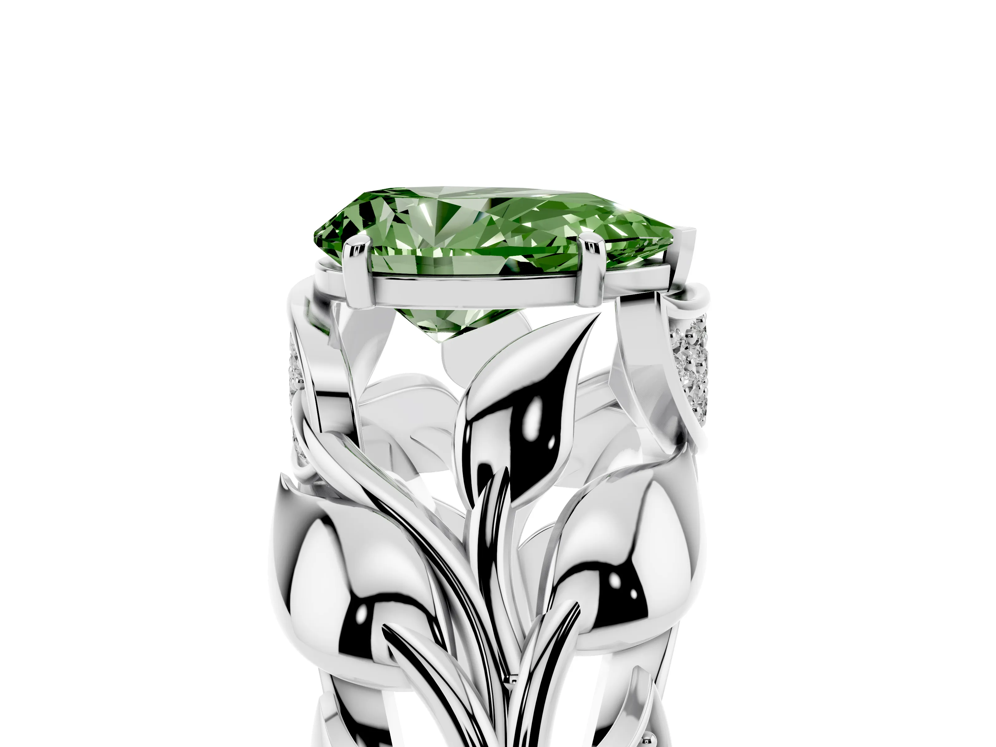 Fancy Green Pear Cut Diamond Leaf-Inspired Engagement Ring Set in Silver with Round Accents