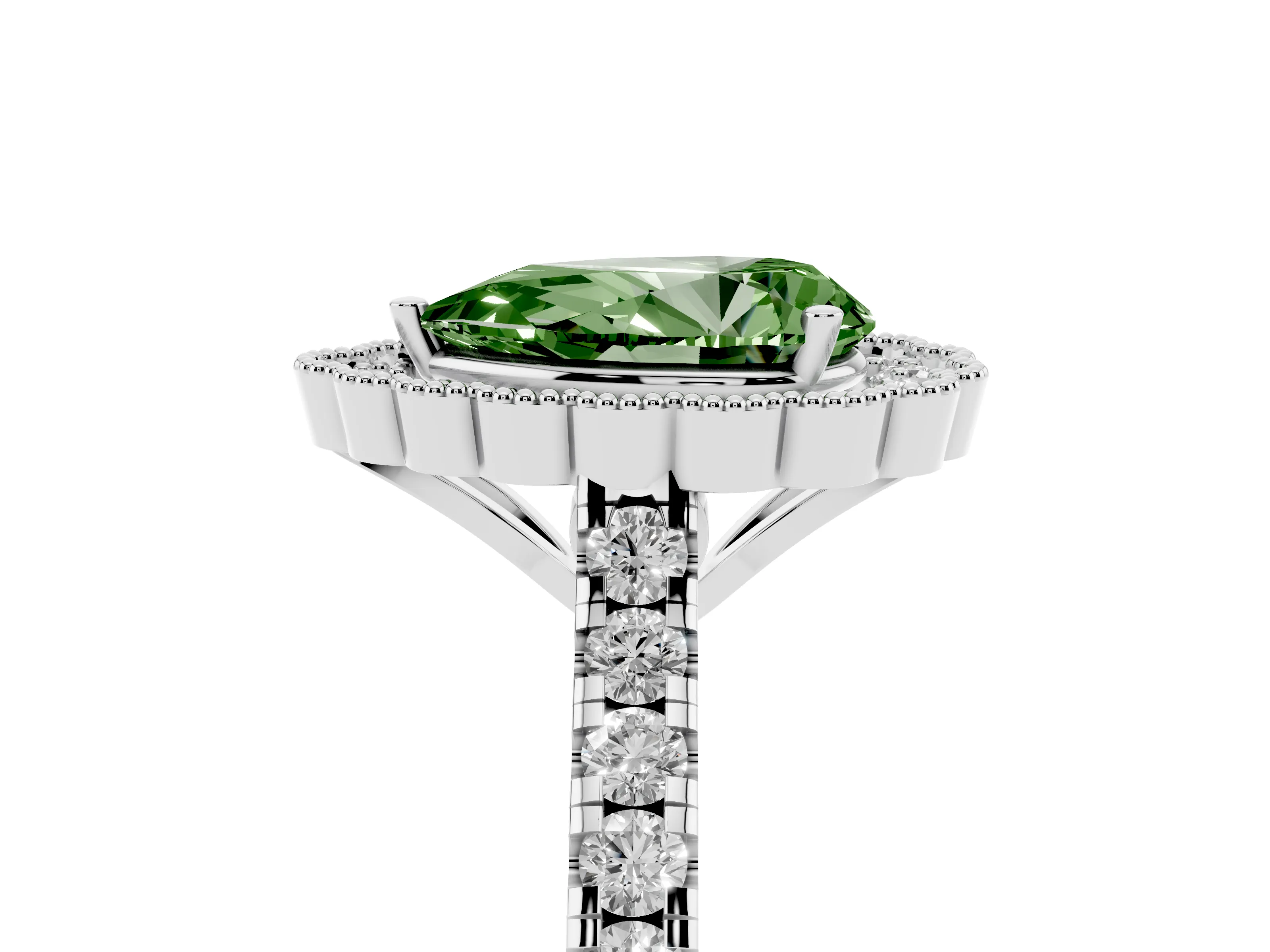 Fancy Green Pear Cut Diamond Milgrain Floral Halo Engagement Ring Set in Silver with Pavé Band
