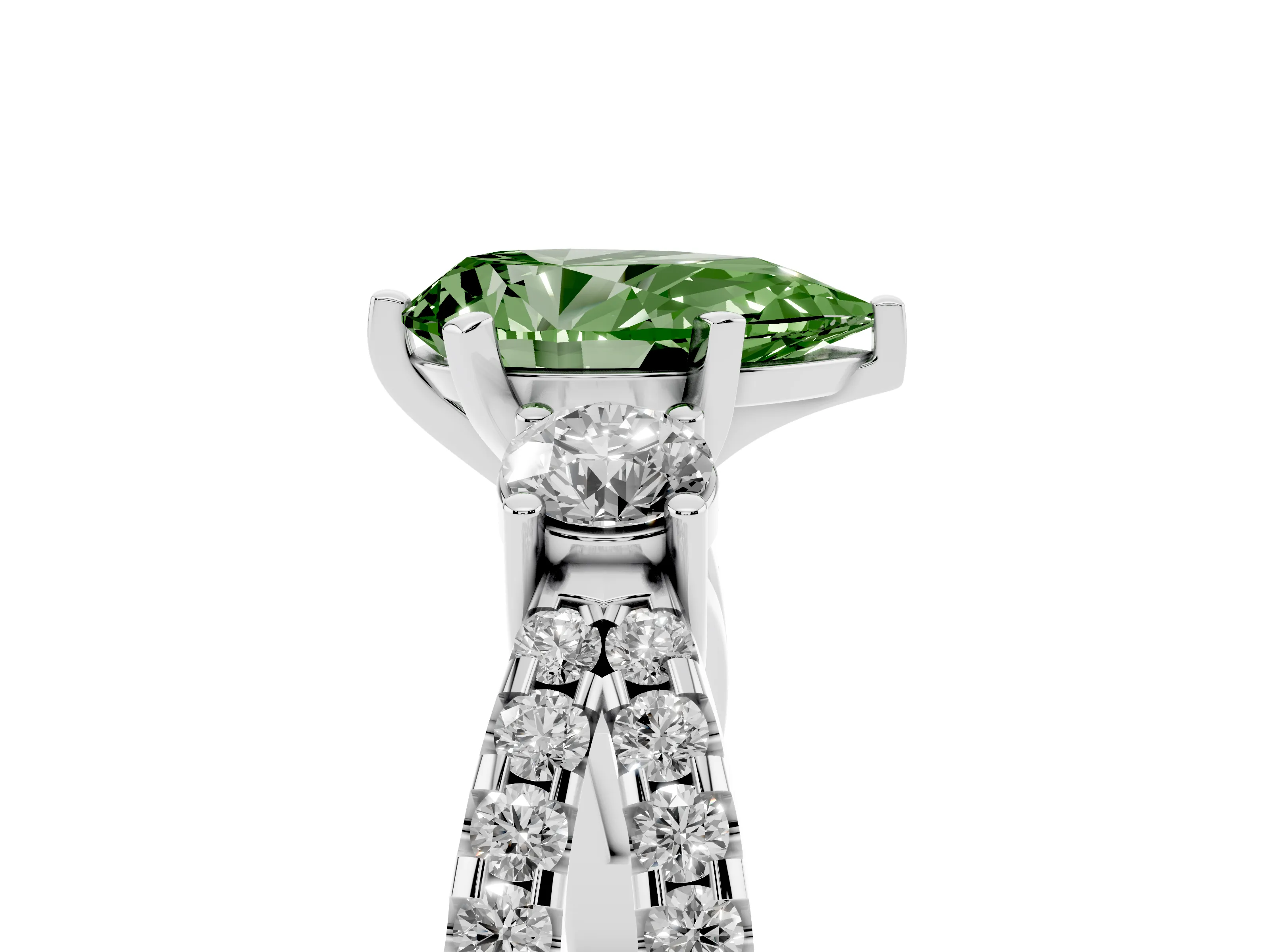 Fancy Green Pear Cut Diamond Three-Stone Ring Set in Silver with Pavé Split Shank and Prong Setting