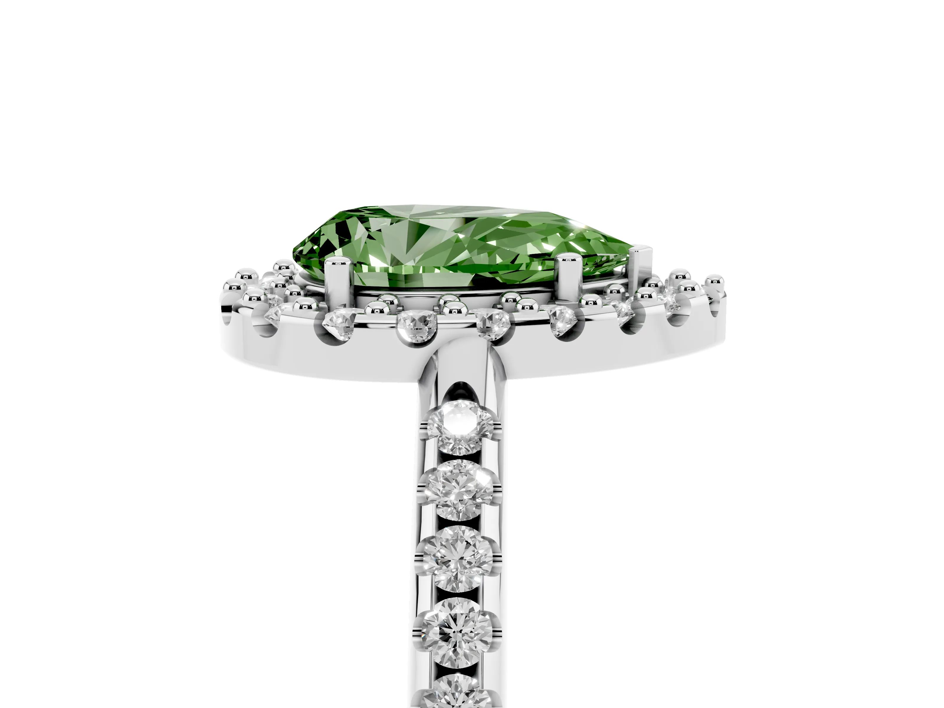 Fancy Green Pear Cut Diamond Pavé Halo Ring Set in Silver with Prong Setting