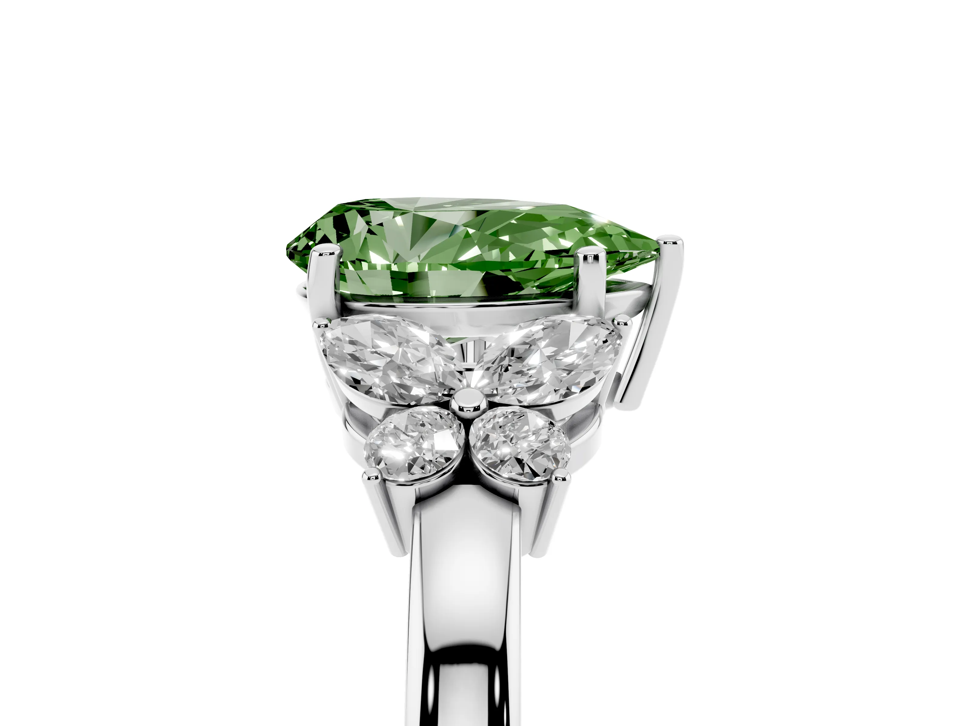 Fancy Green Pear Cut Diamond Solitaire Floral Ring Set in Silver with Marquise Petals and Prong Setting