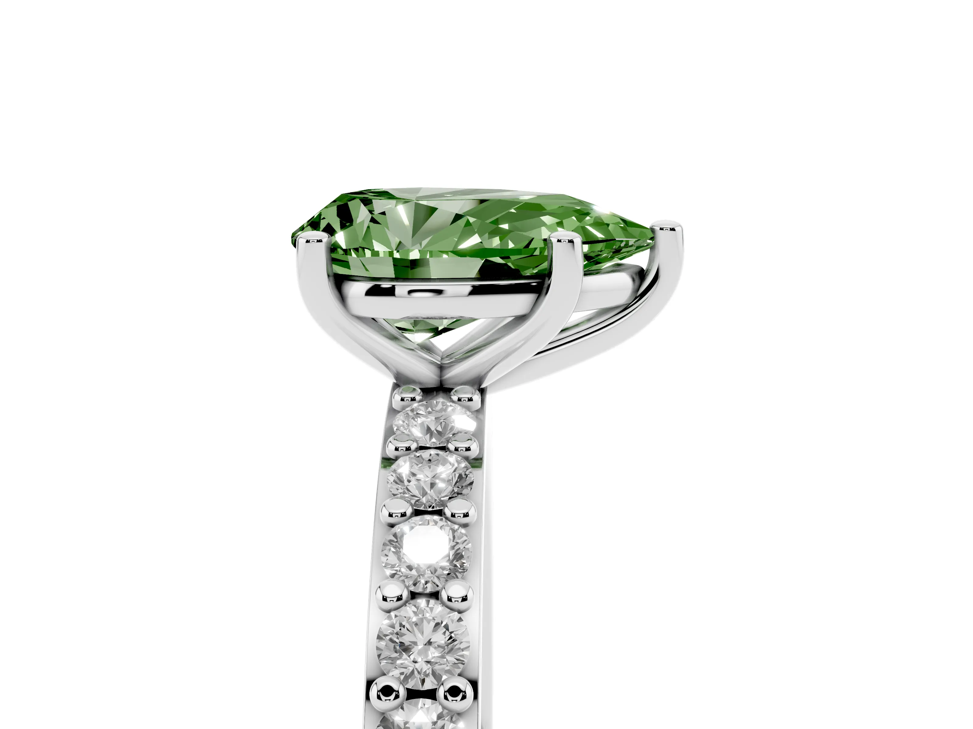 Fancy Green Pear Cut Diamond Solitaire Set in White gold with Round Pavé Band and Prong Setting