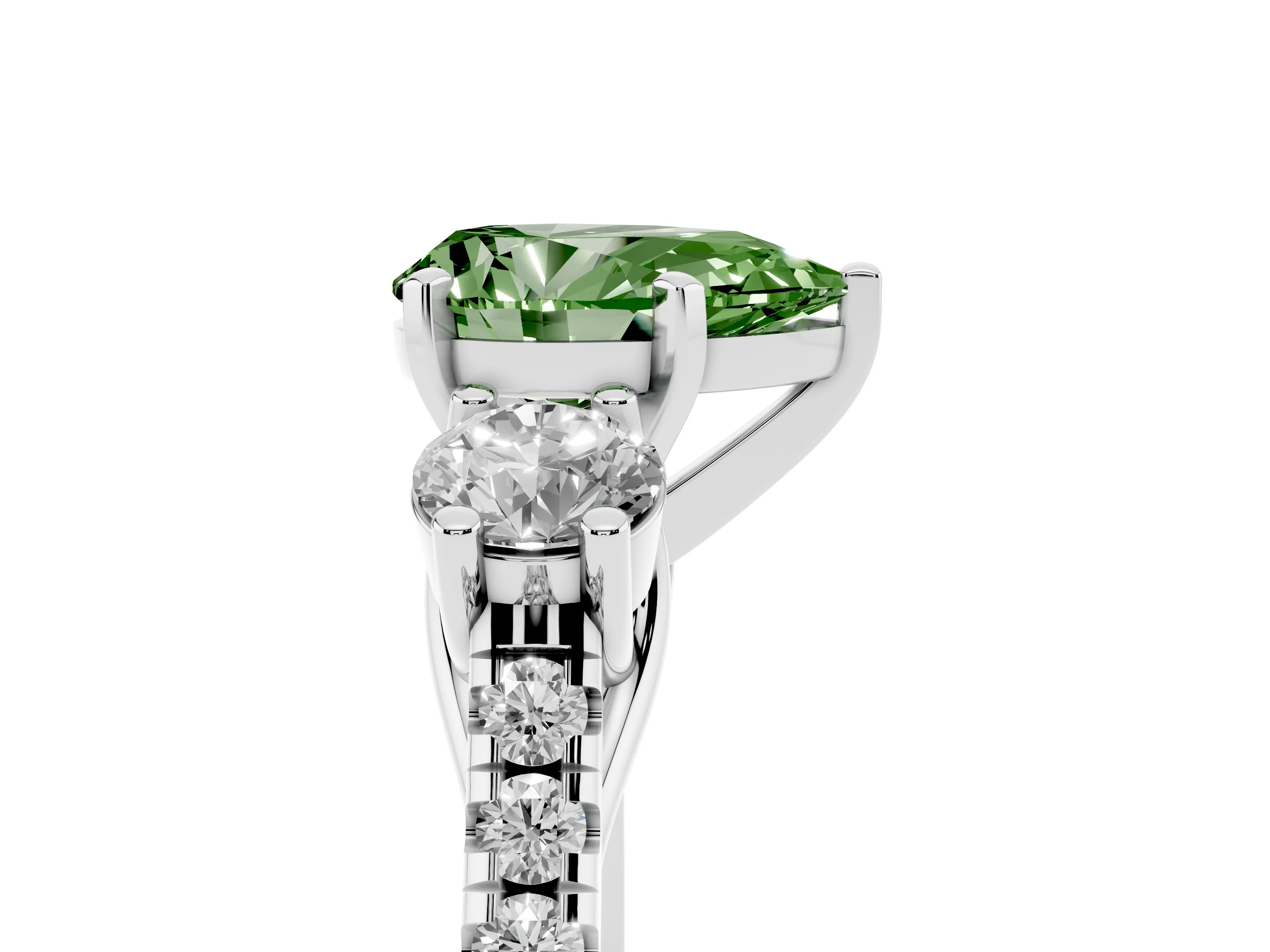 Fancy Green Three-Stone Pear Cut Diamond Pavé Band Ring Set in Silver with Prong-Set Trio