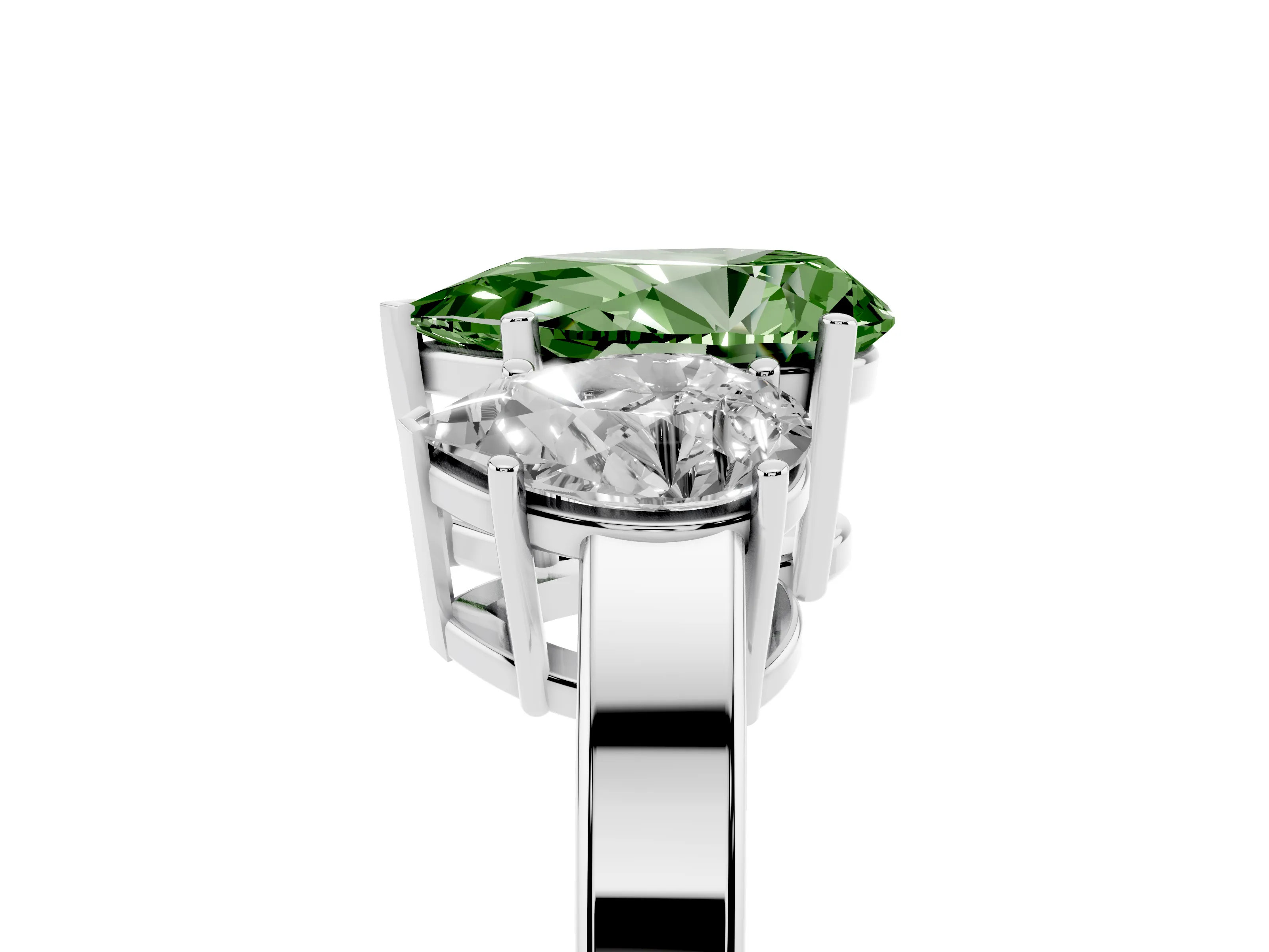 Fancy Green Pear Cut Diamond Three-Stone Engagement Ring Set in White gold with Flat Band