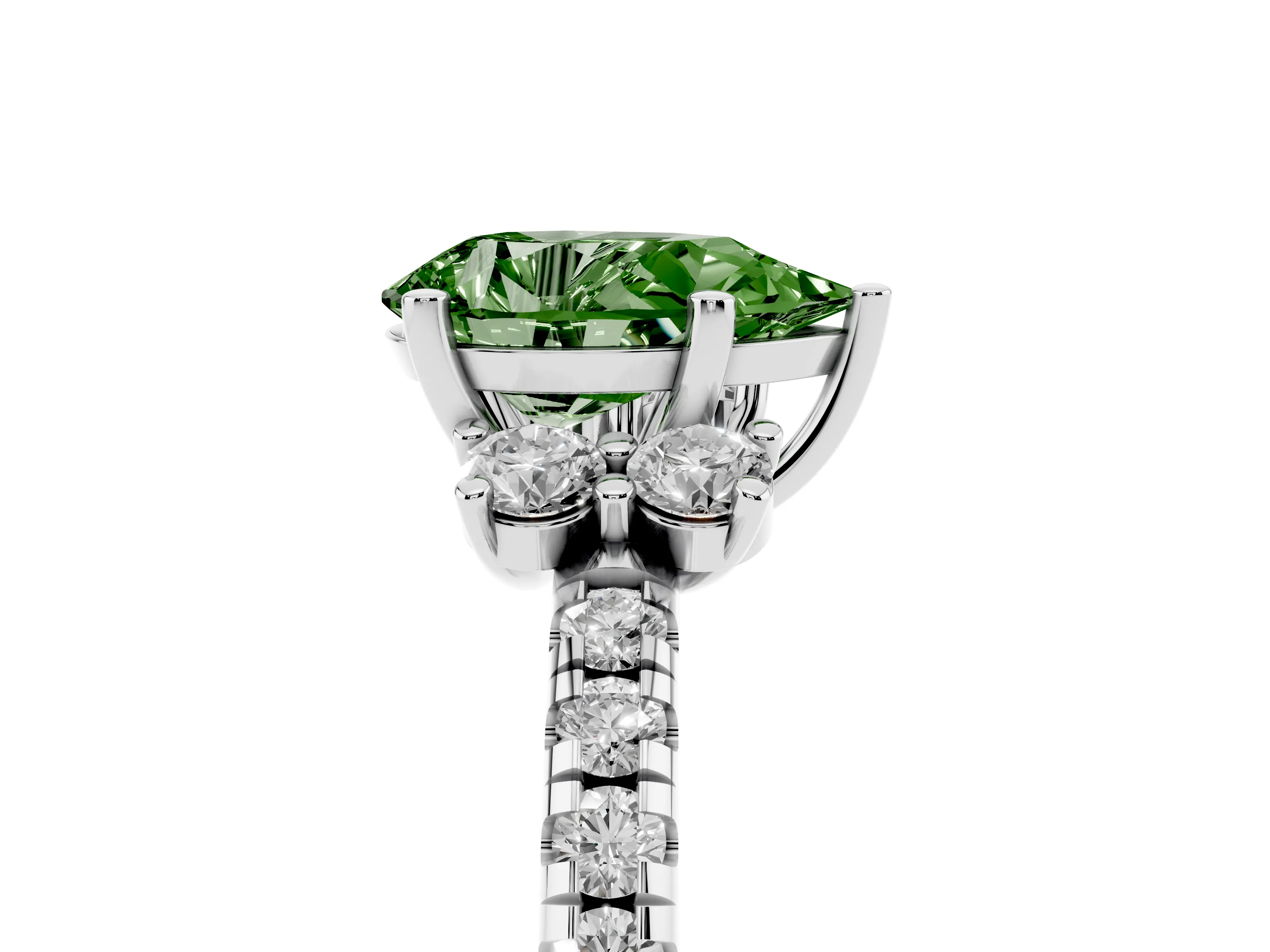 Fancy Green Pear Cut Diamond Three-Stone Pavé Ring Set in White gold with Prong Setting