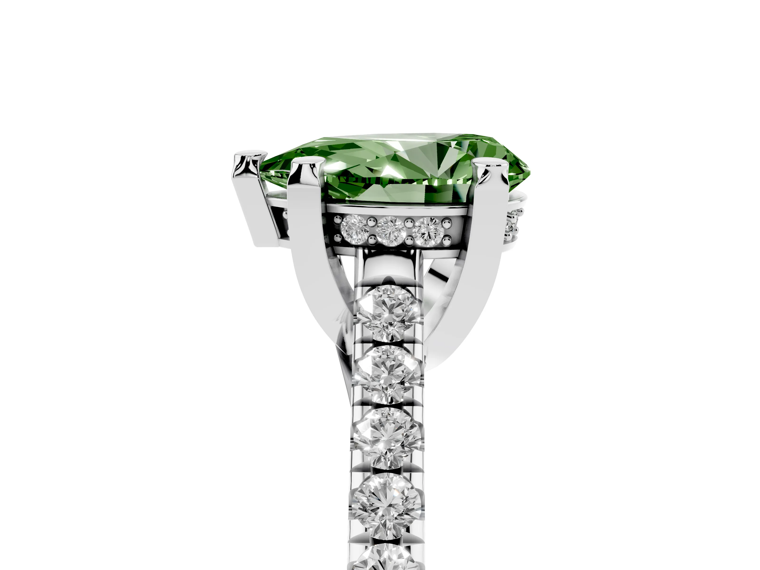Fancy Green Pear Cut Diamond Solitaire Ring Set in Platinum with Brilliant Pavé Band and Prong Setting