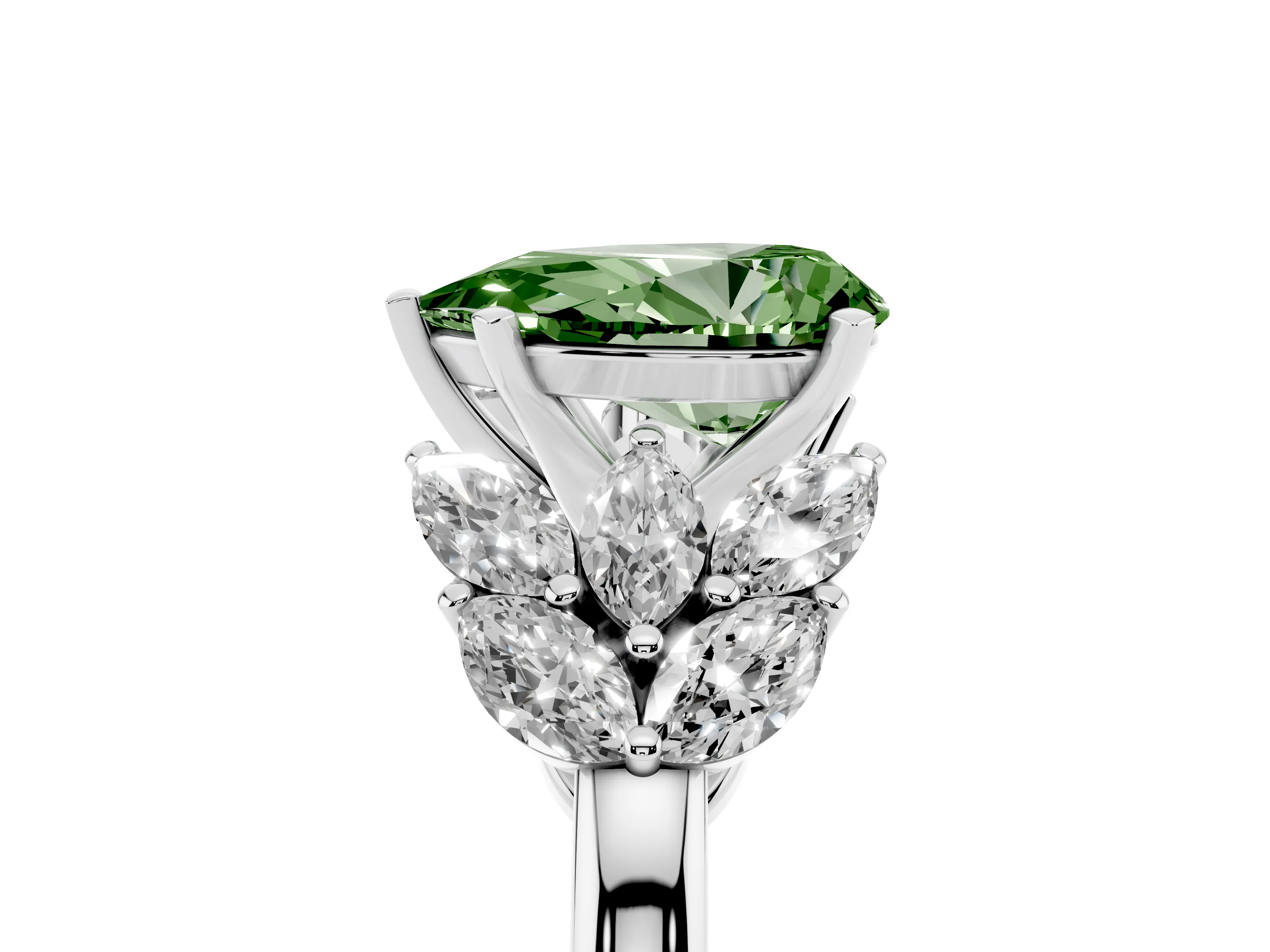 Fancy Green Pear Cut Diamond Cluster Leaf Design Ring Set in Silver with Prong Setting