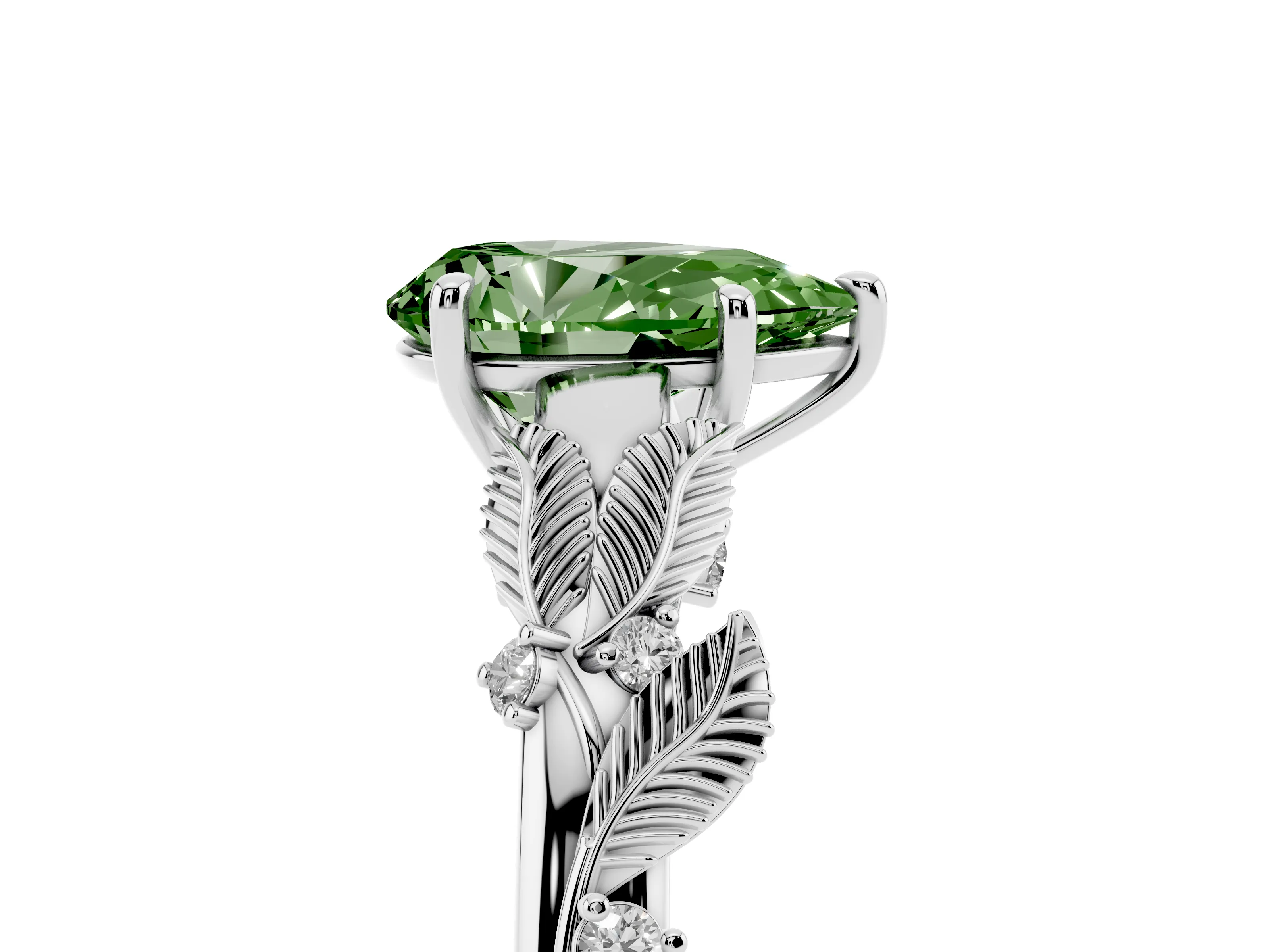 Fancy Green Pear Cut Diamond Solitaire Ring Set in Platinum with Leaf Motif Band