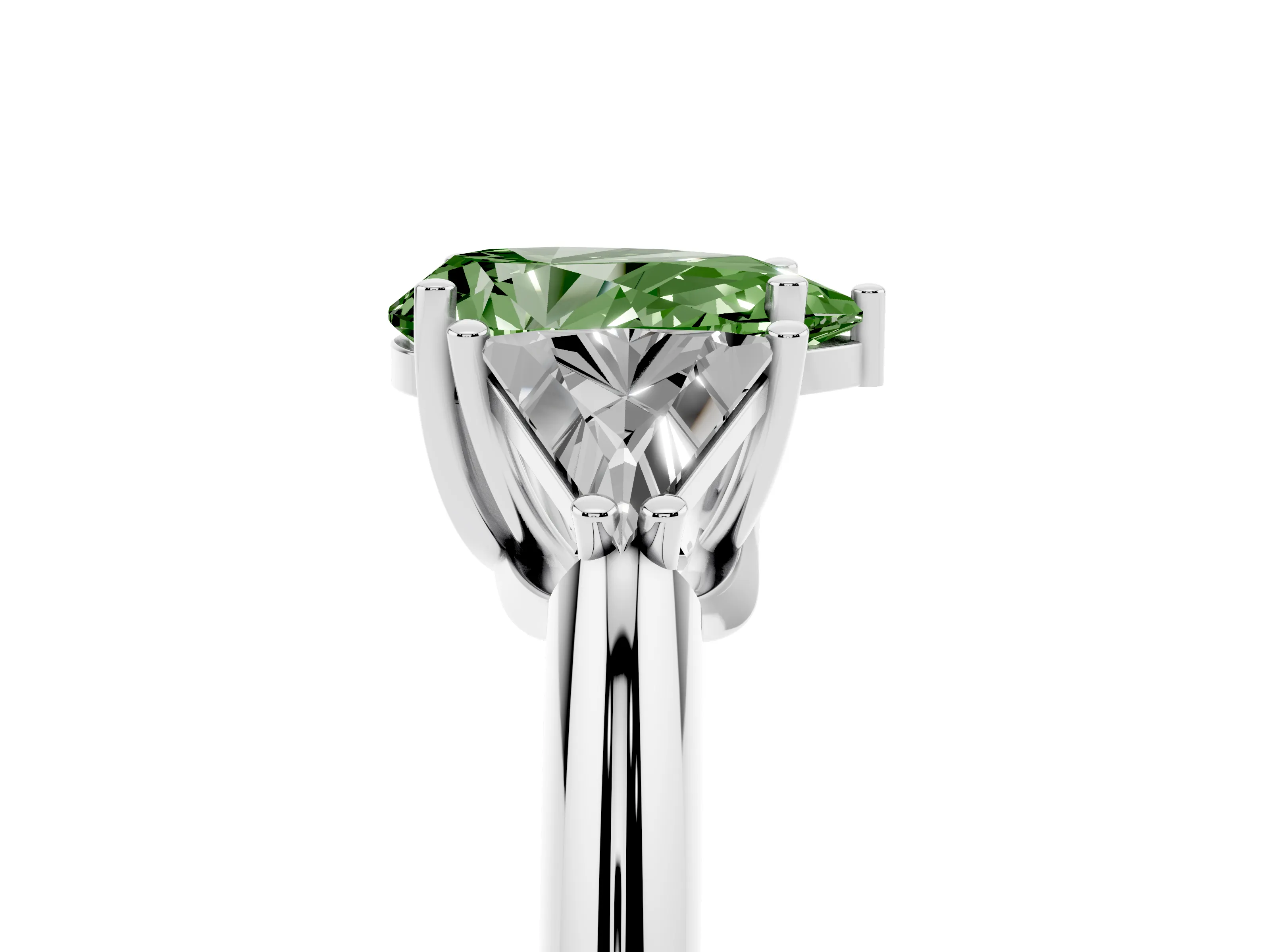 Fancy Green Pear Cut Diamond Three-Stone Engagement Ring Set in Silver with Trillion Side Stones
