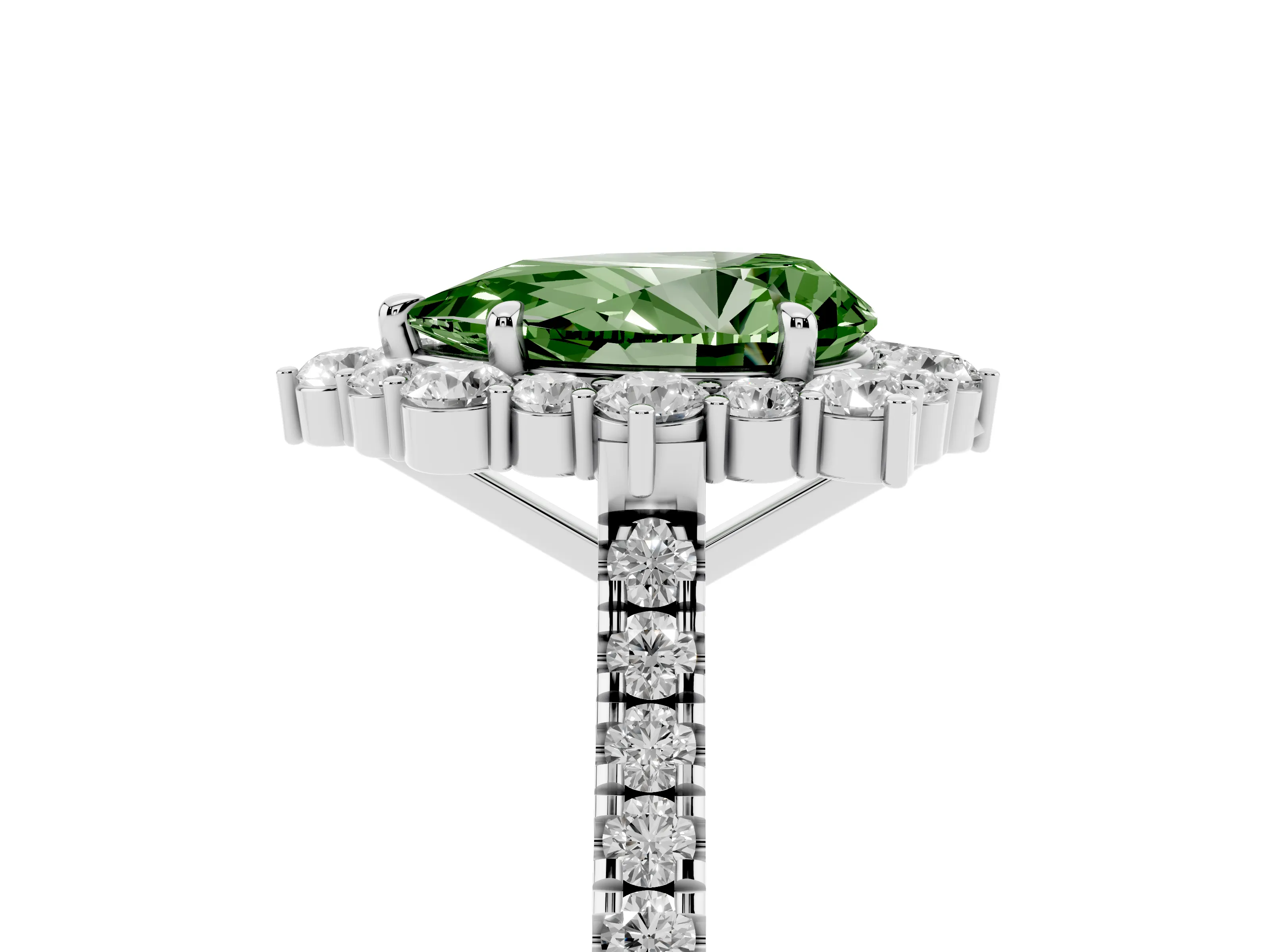 Fancy Green Pear Cut Diamond Halo Ring Set in Platinum with Pavé Band and Prong Setting