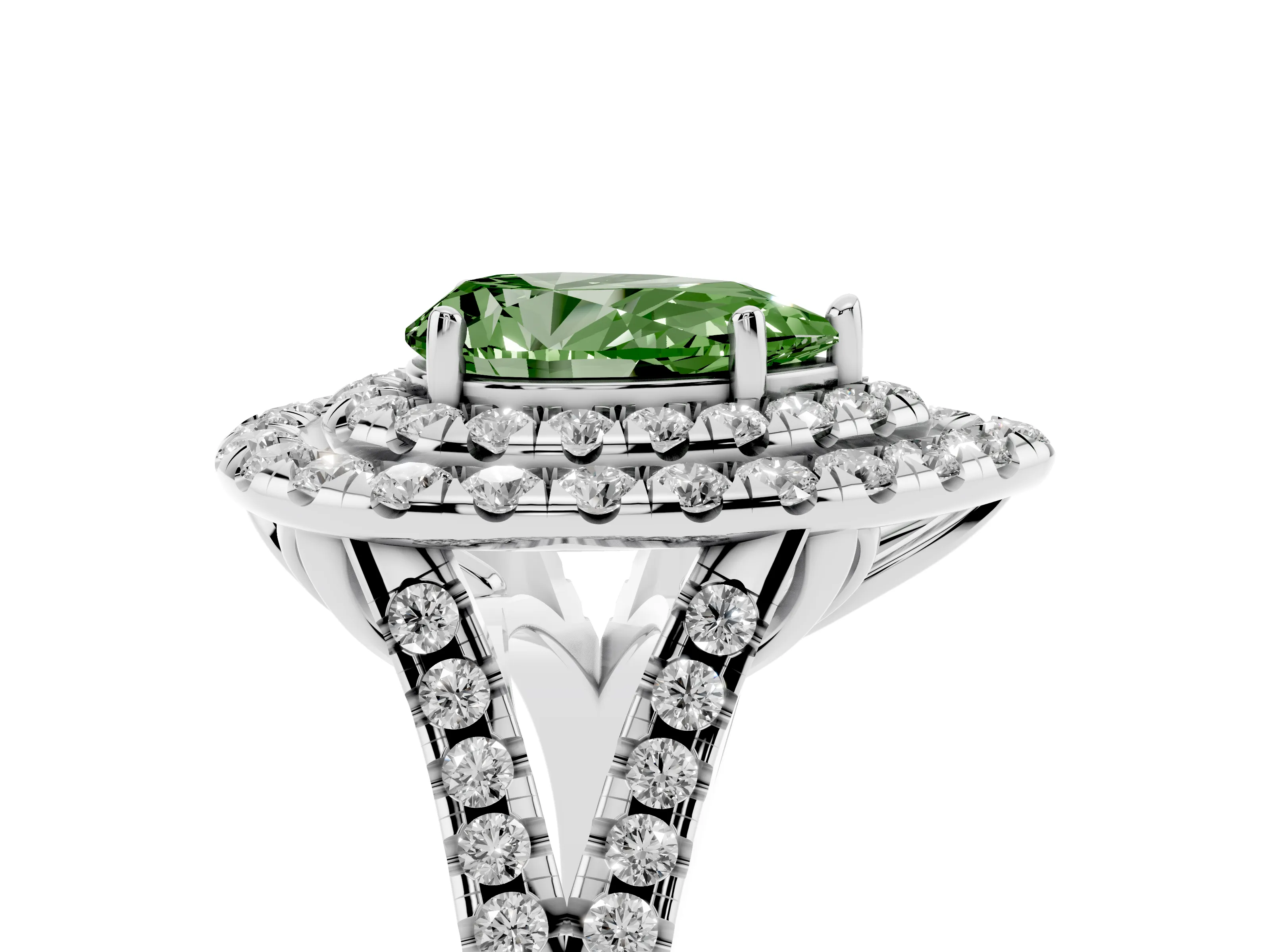 Fancy Green Pear Cut Diamond Double Halo Ring Set in Silver with Pavé Split Shank and Prong Setting