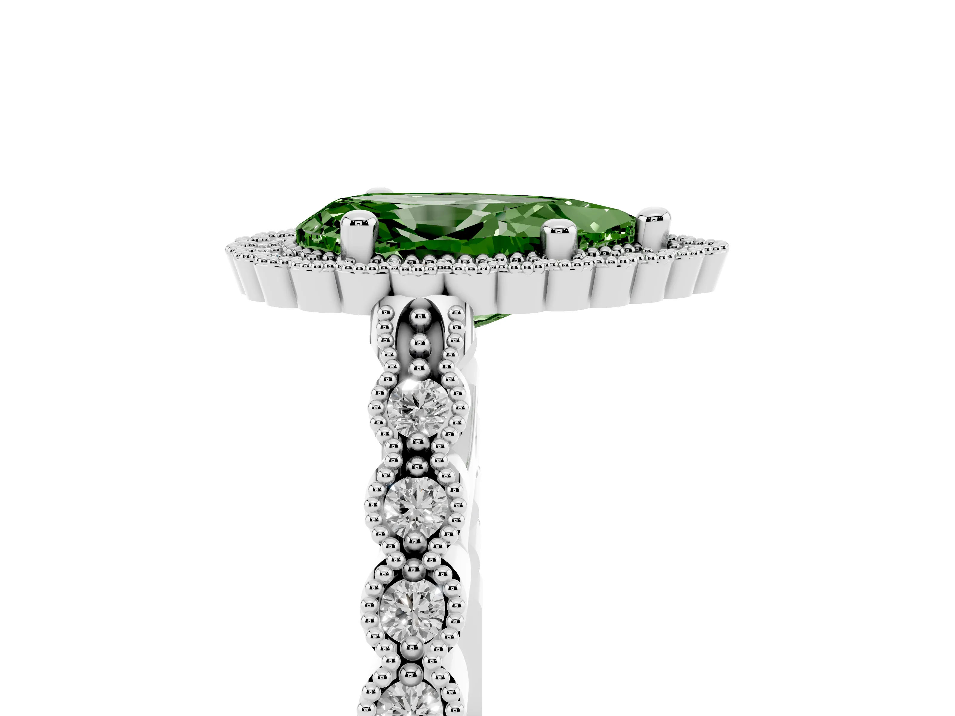 Fancy Green Pear Cut Diamond Halo Ring Set in Platinum with Pavé Milgrain Band