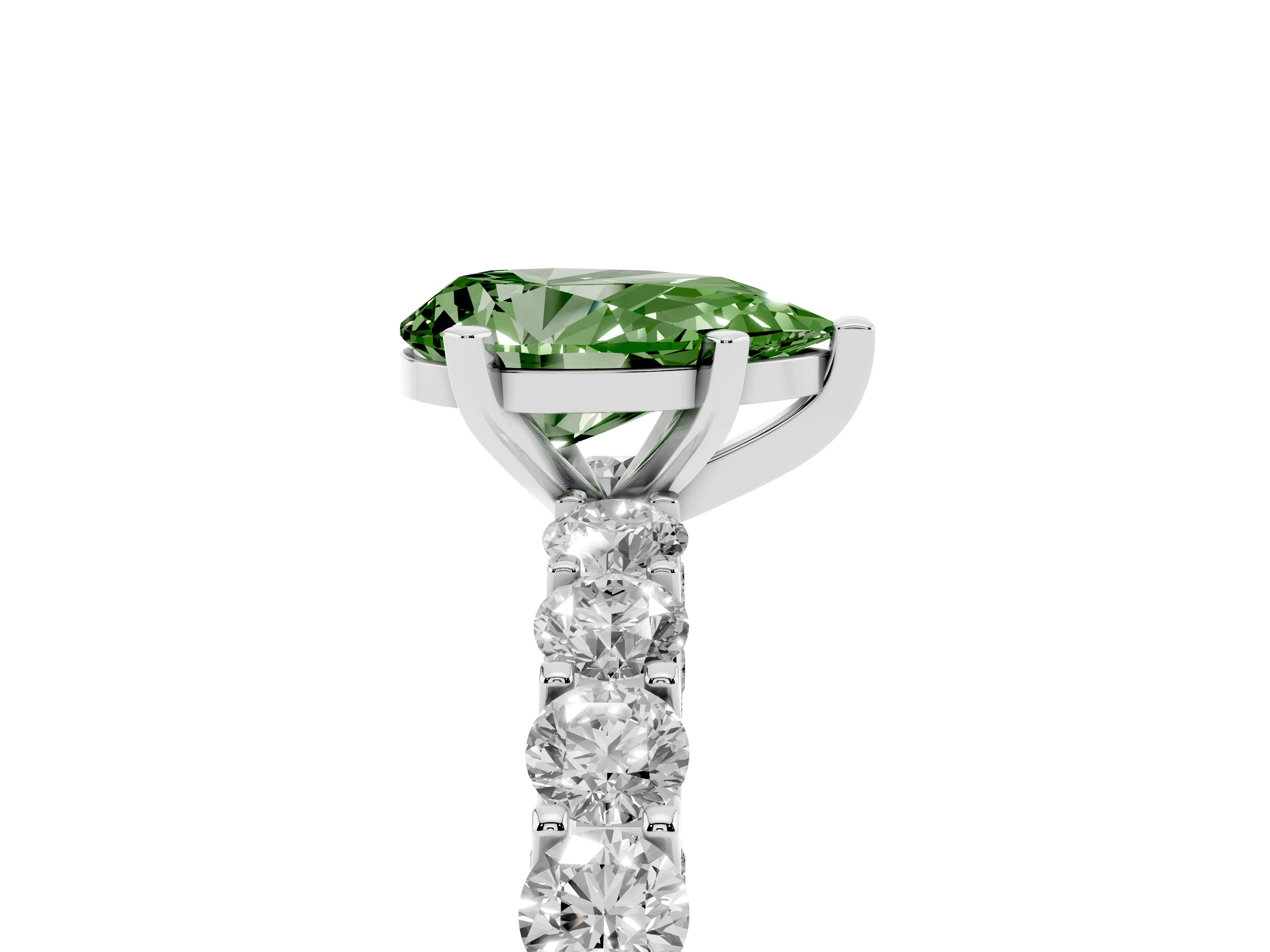 Fancy Green Pear Cut Diamond Solitaire Ring Set in Platinum with Shared Prong Pavé Band