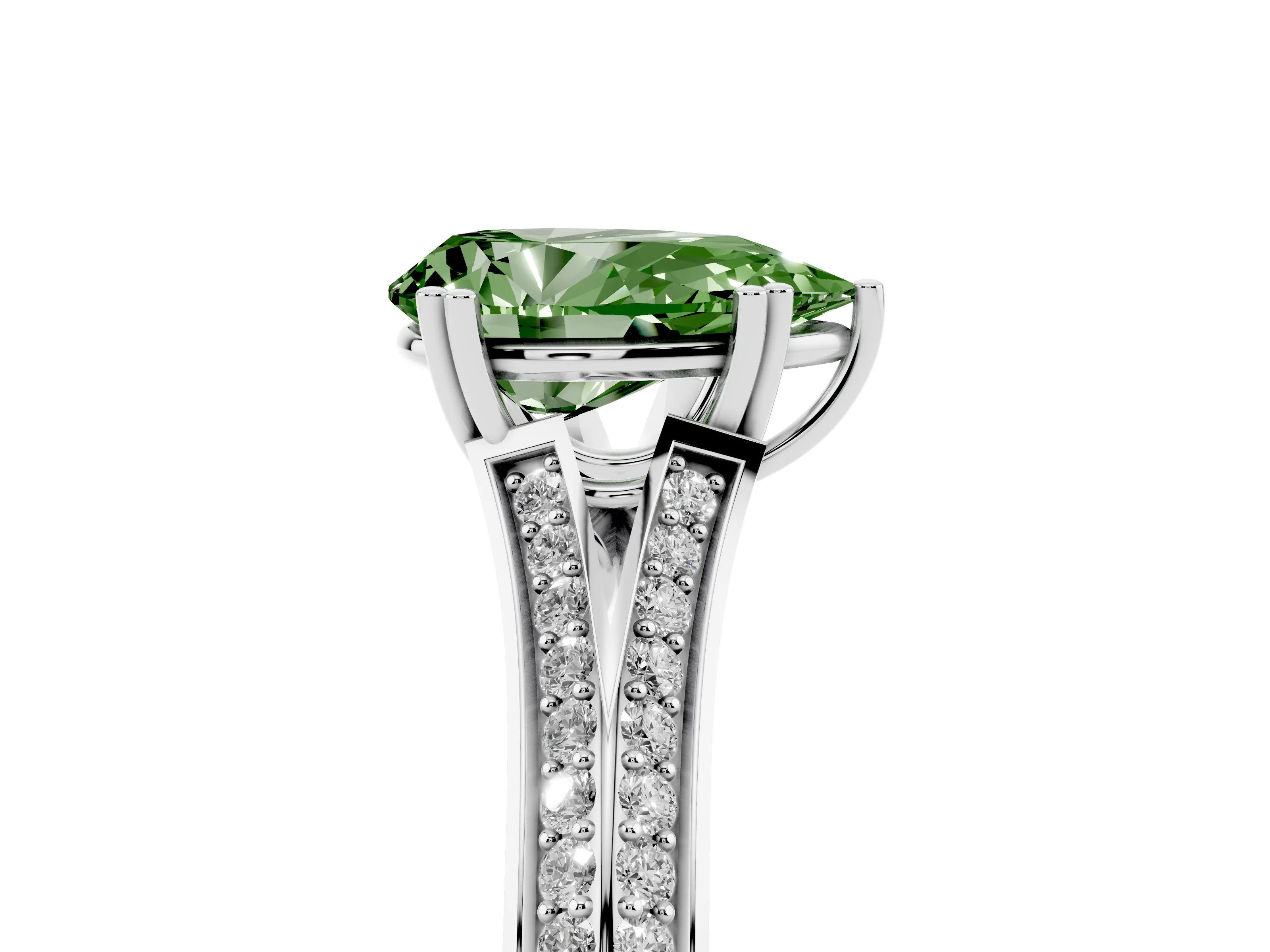 Fancy Green Pear Cut Diamond Split Shank Pavé Engagement Ring Set in Platinum with Prong-Set Center Stone