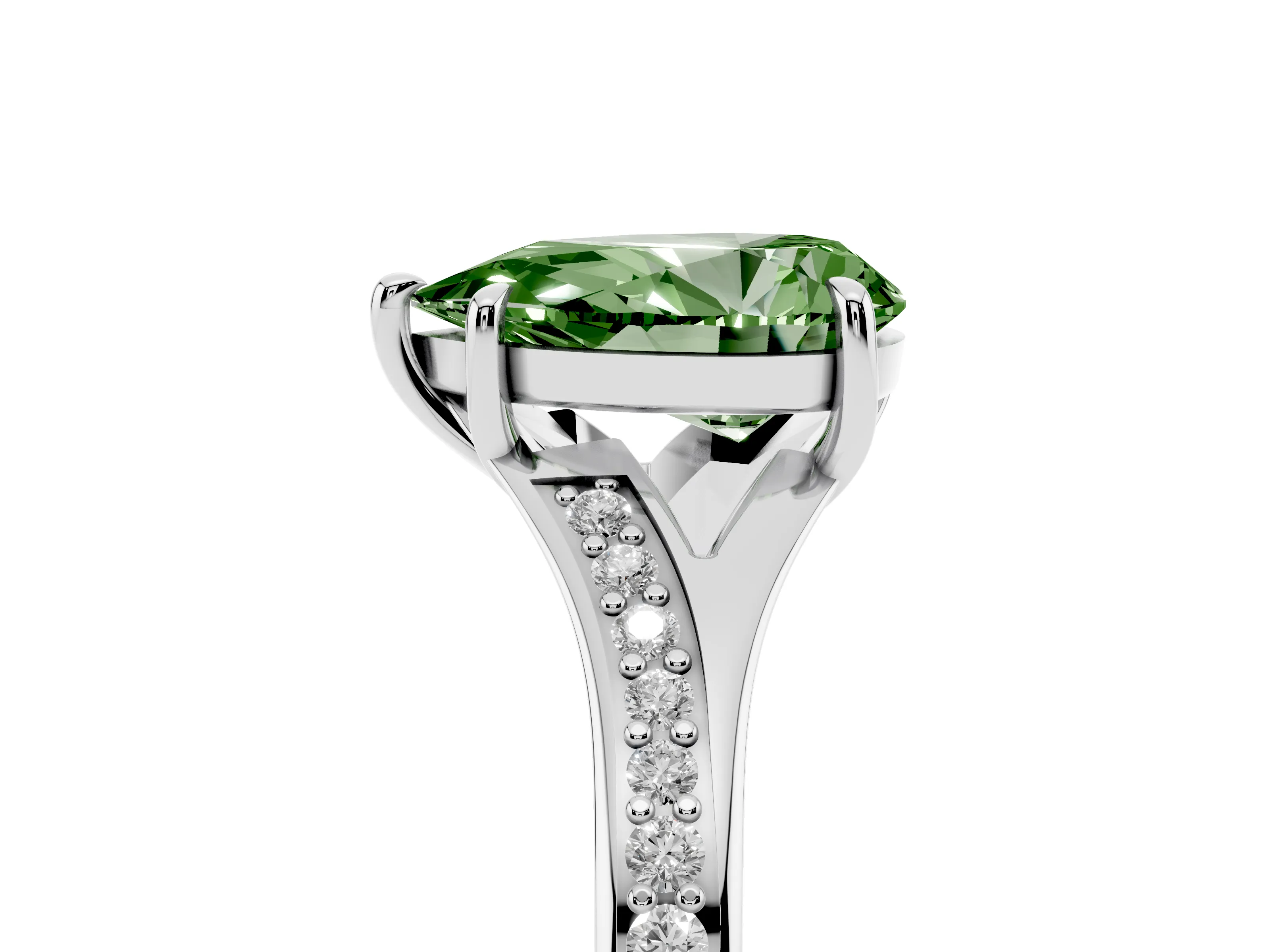 Fancy Green Pear Cut Diamond Solitaire Ring Set in White gold with Pavé Accent Band and Classic Prong Setting
