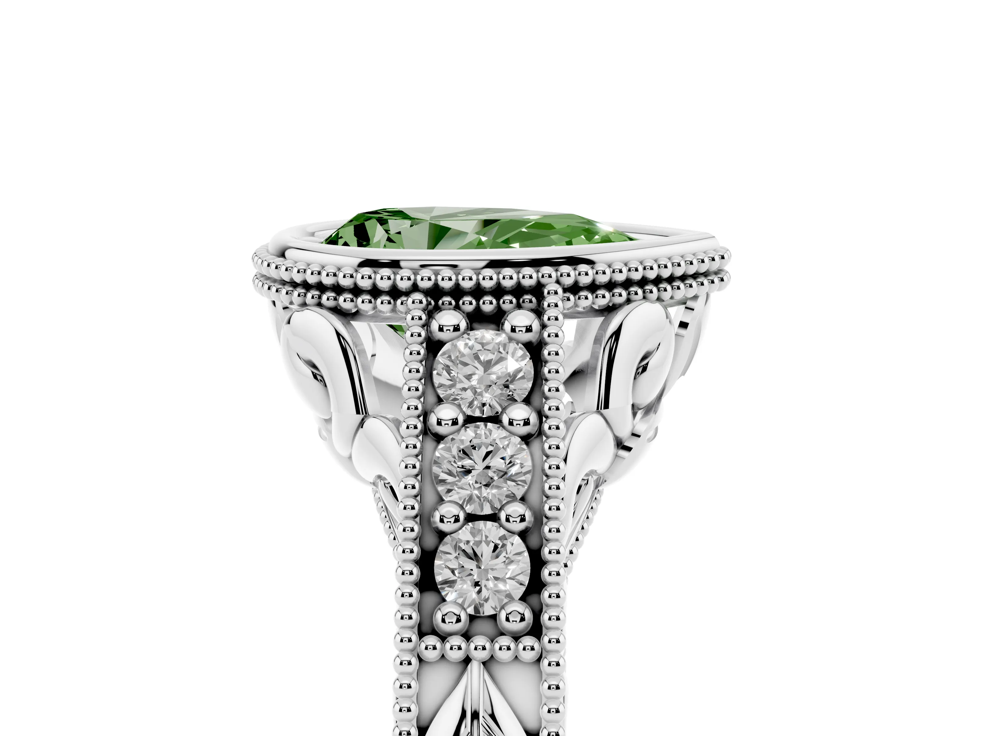 Fancy Green Bezel Set Pear Cut Diamond Milgrain Pavé Engagement Ring Set in White gold