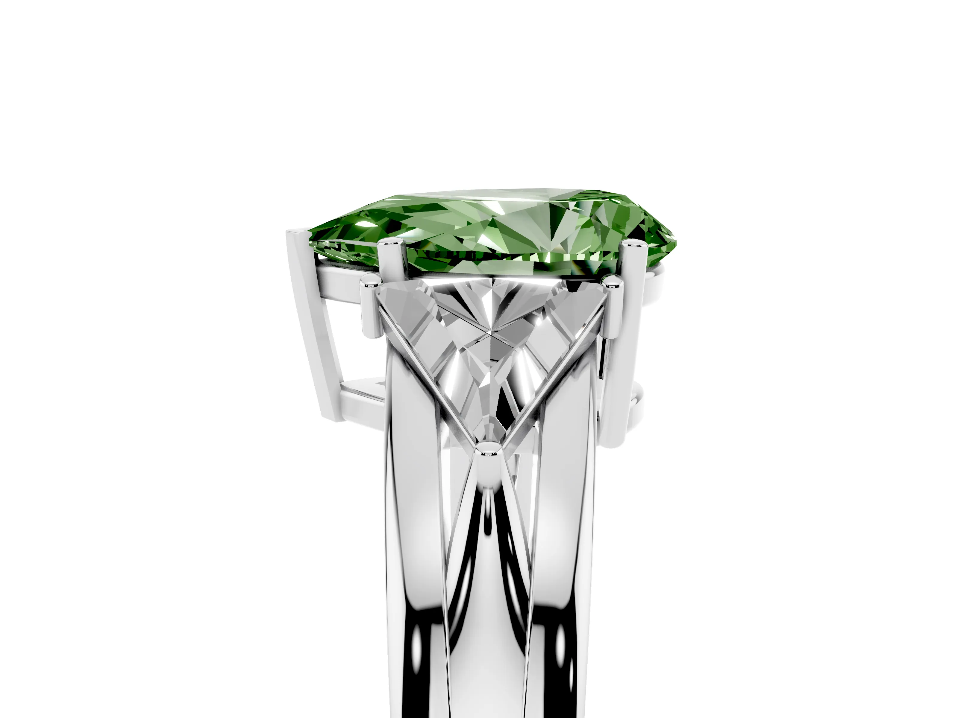 Fancy Green Pear Cut Diamond Three-Stone Ring Set in Silver with Trillion Side Stones and Split Shank