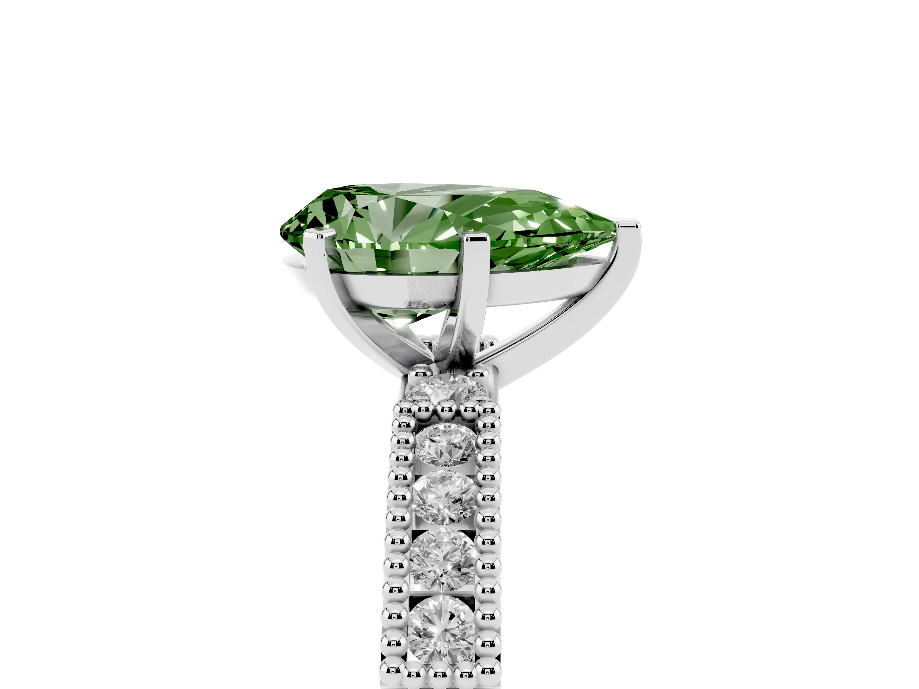 Fancy Green Pear Cut Diamond Solitaire Ring Set in Silver with Slim Pavé Band and Prong Setting