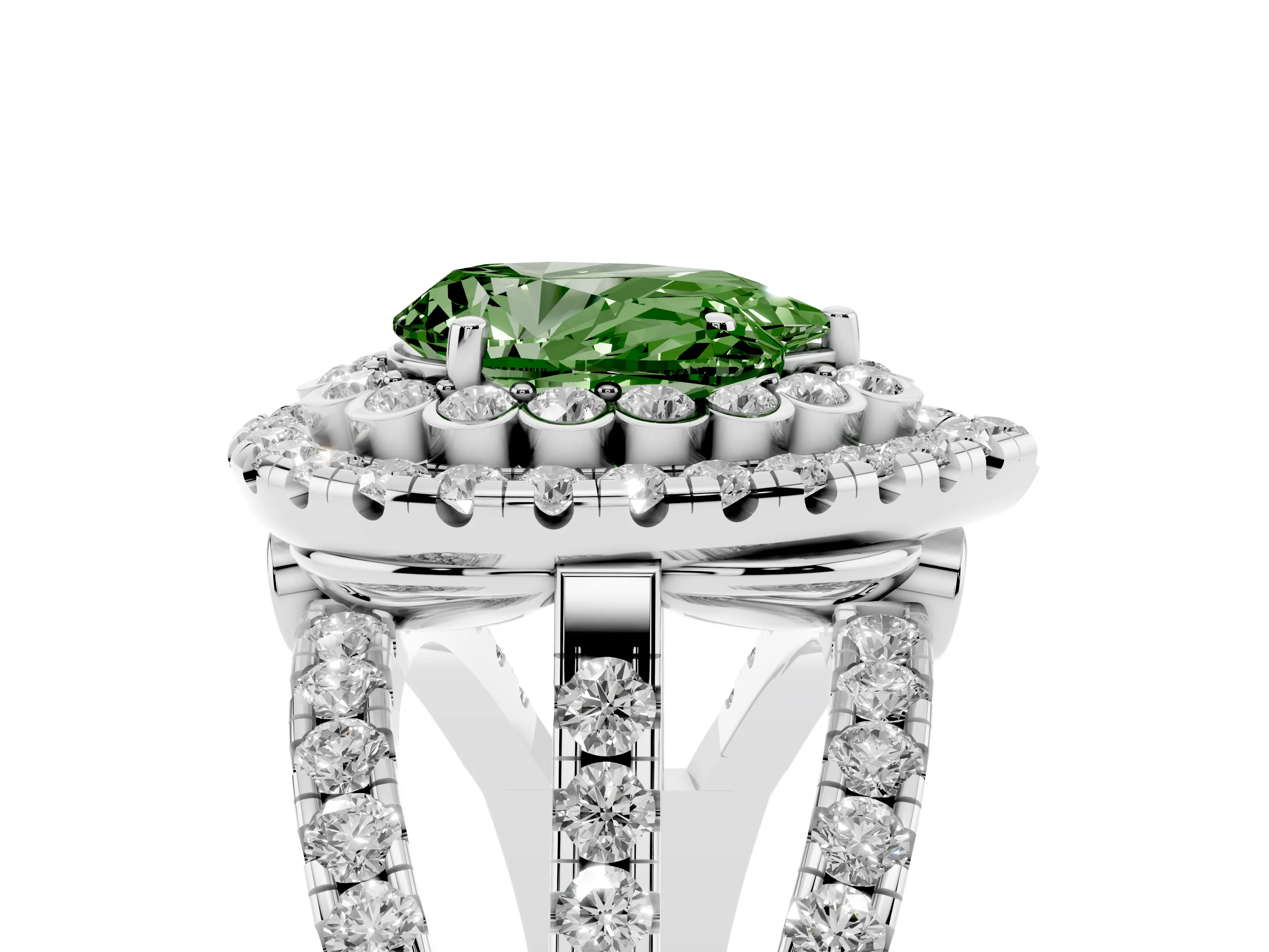 Fancy Green Pear Cut Diamond Double Halo Ring Set in Silver with Round Pavé Split Shank