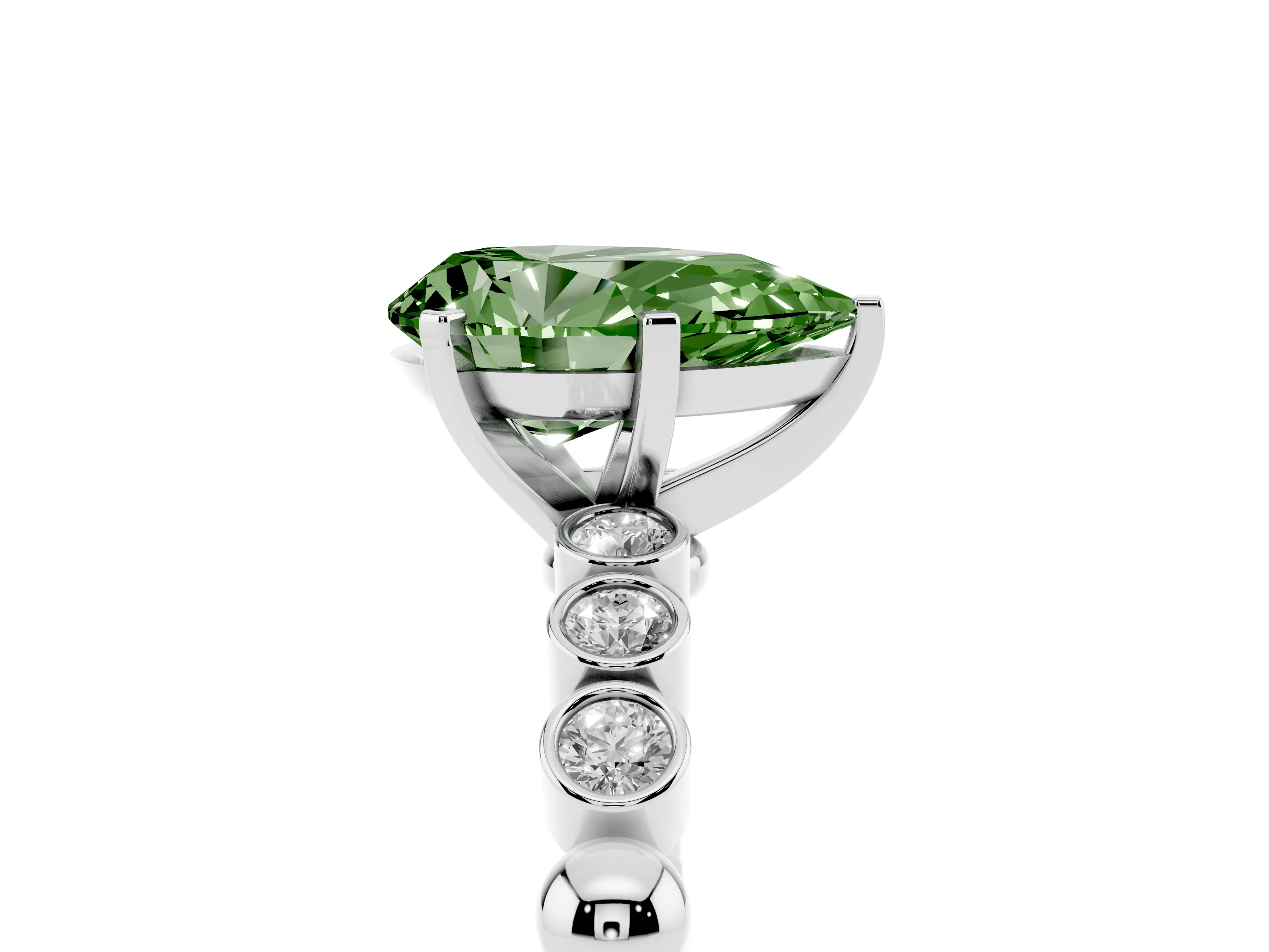 Fancy Green Pear Cut Diamond Solitaire Engagement Ring Set in White gold with Bezel Accents on Beaded Band