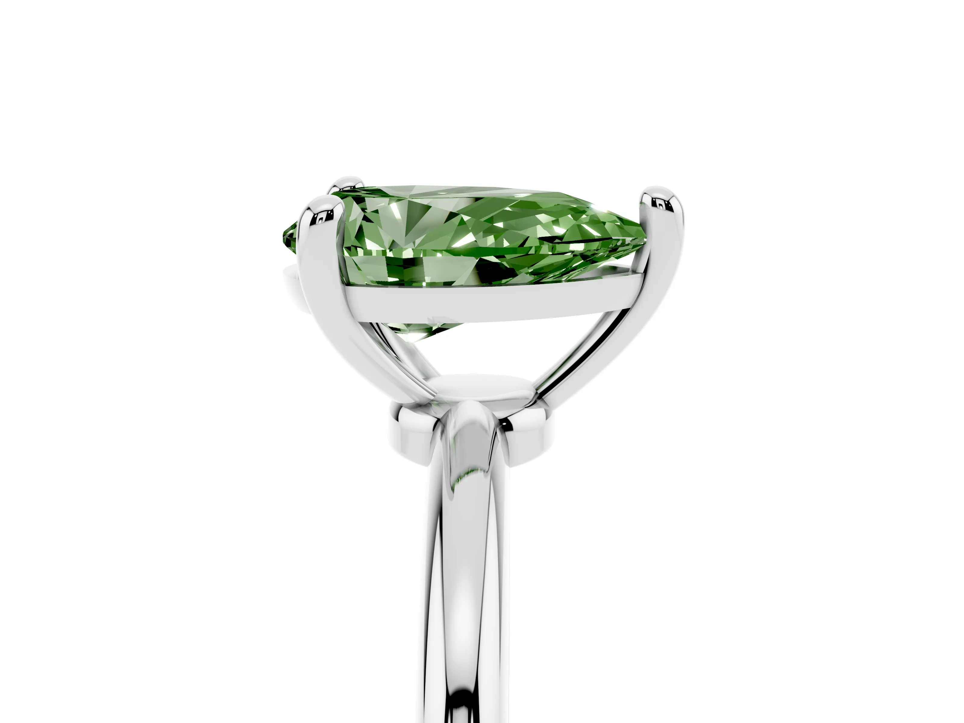 Fancy Green Pear Cut Diamond Solitaire Ring Set in Silver with Secure Prong Setting on a Classic Band