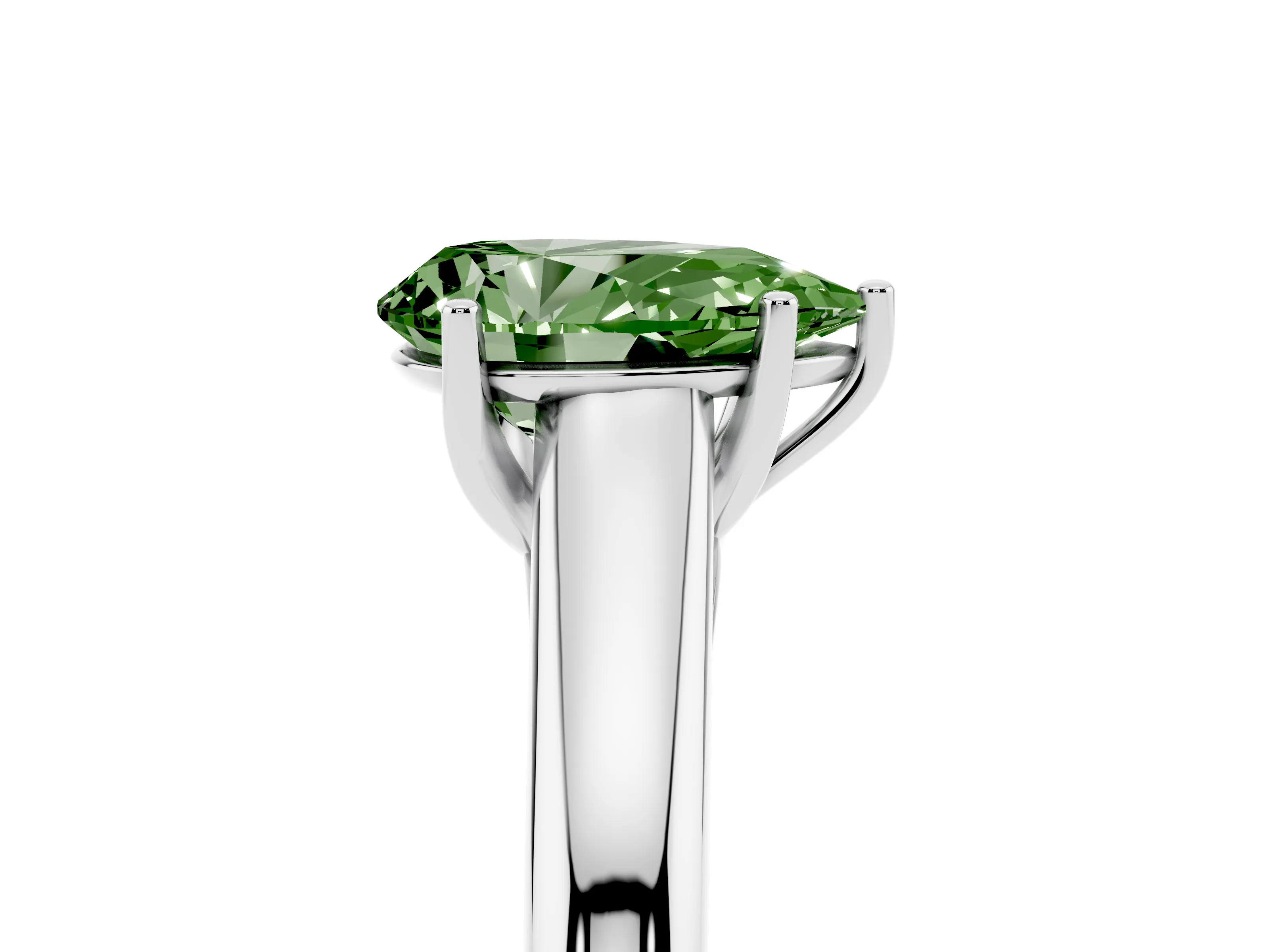 Fancy Green Pear Cut Diamond Solitaire Engagement Ring Set in White gold with Subtly Tapered Band and Prong Setting