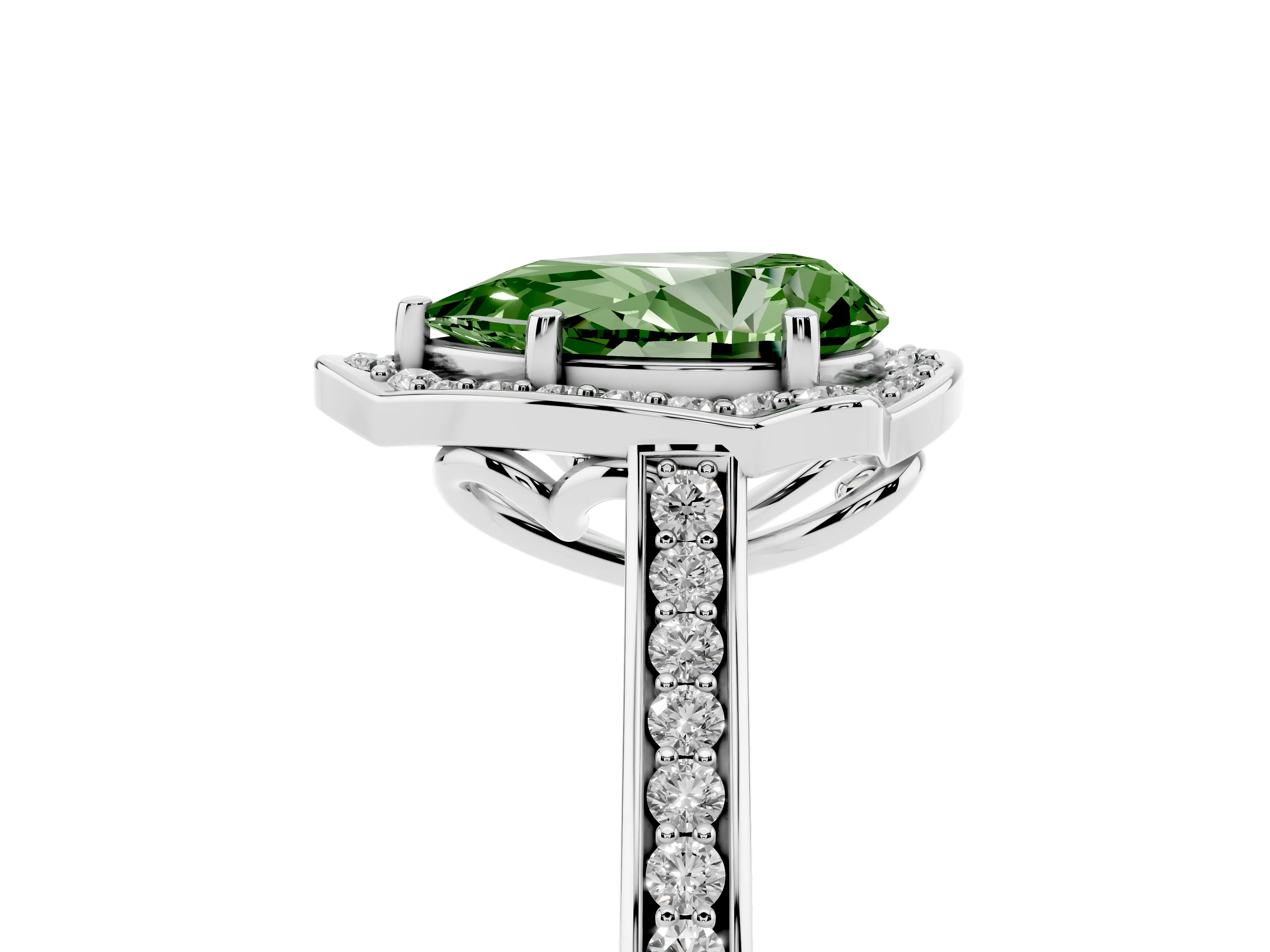 Fancy Green Pear Cut Diamond Halo Ring Set in White gold with Pavé-Lined Shoulders and Prong Setting