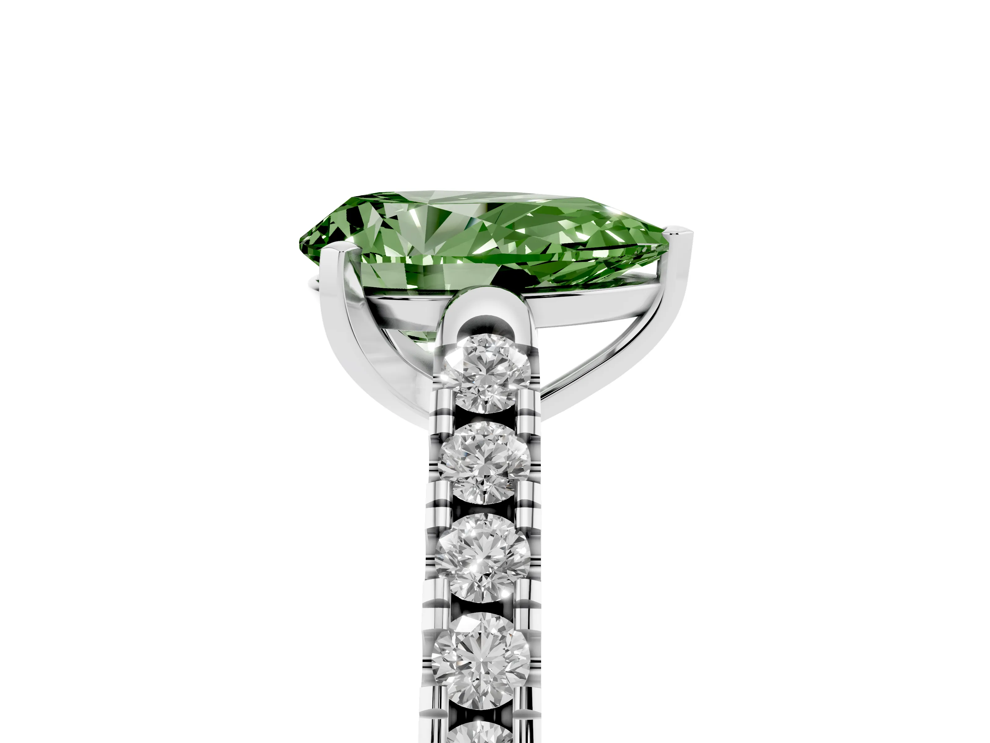 Fancy Green Pear Cut Diamond Pavé Band Solitaire Ring Set in White gold with Partway Accent Stones and Prong Setting