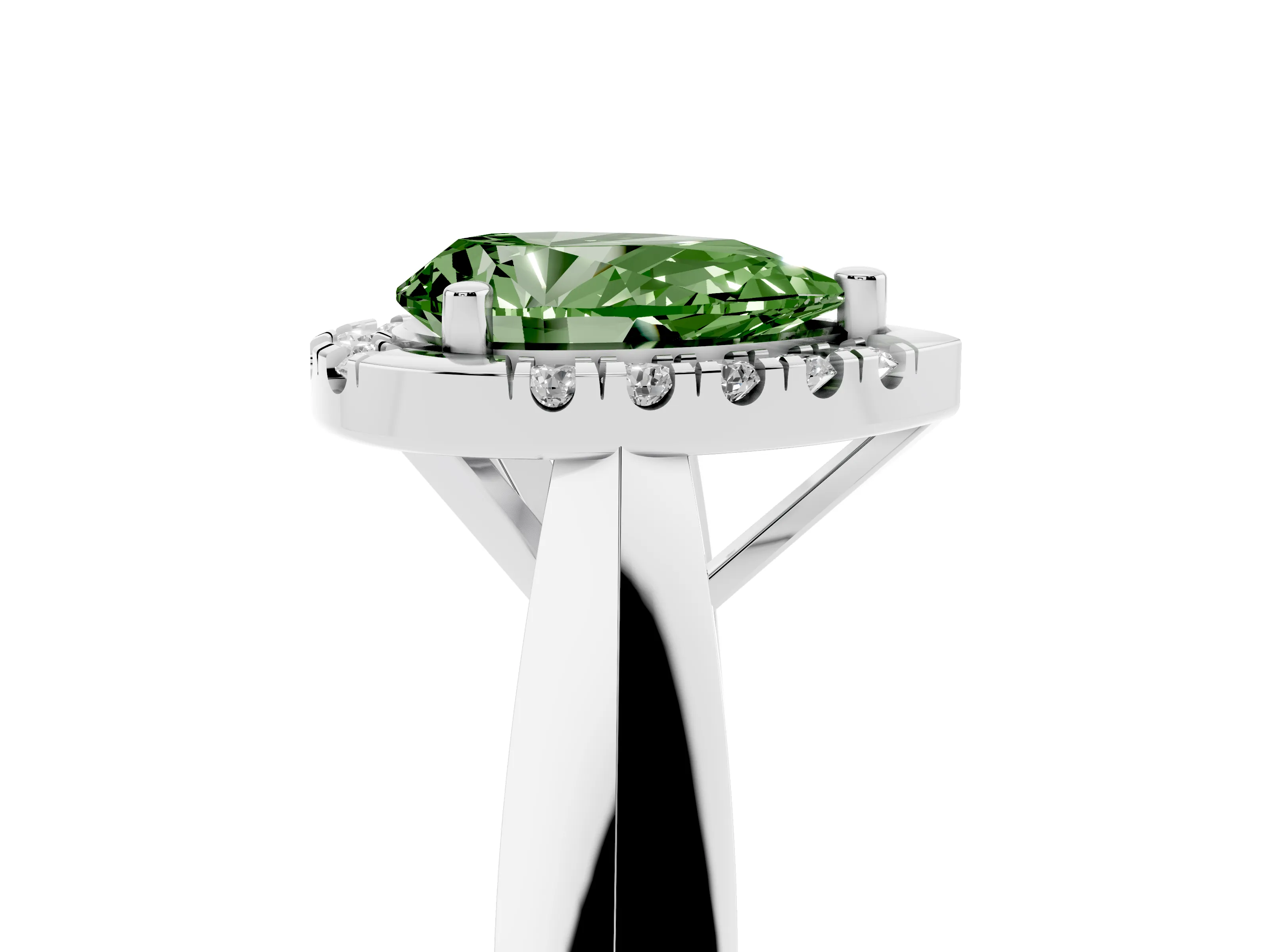 Fancy Green Pear Cut Diamond Halo Solitaire Engagement Ring Set in Silver with Square Band and Prong Setting
