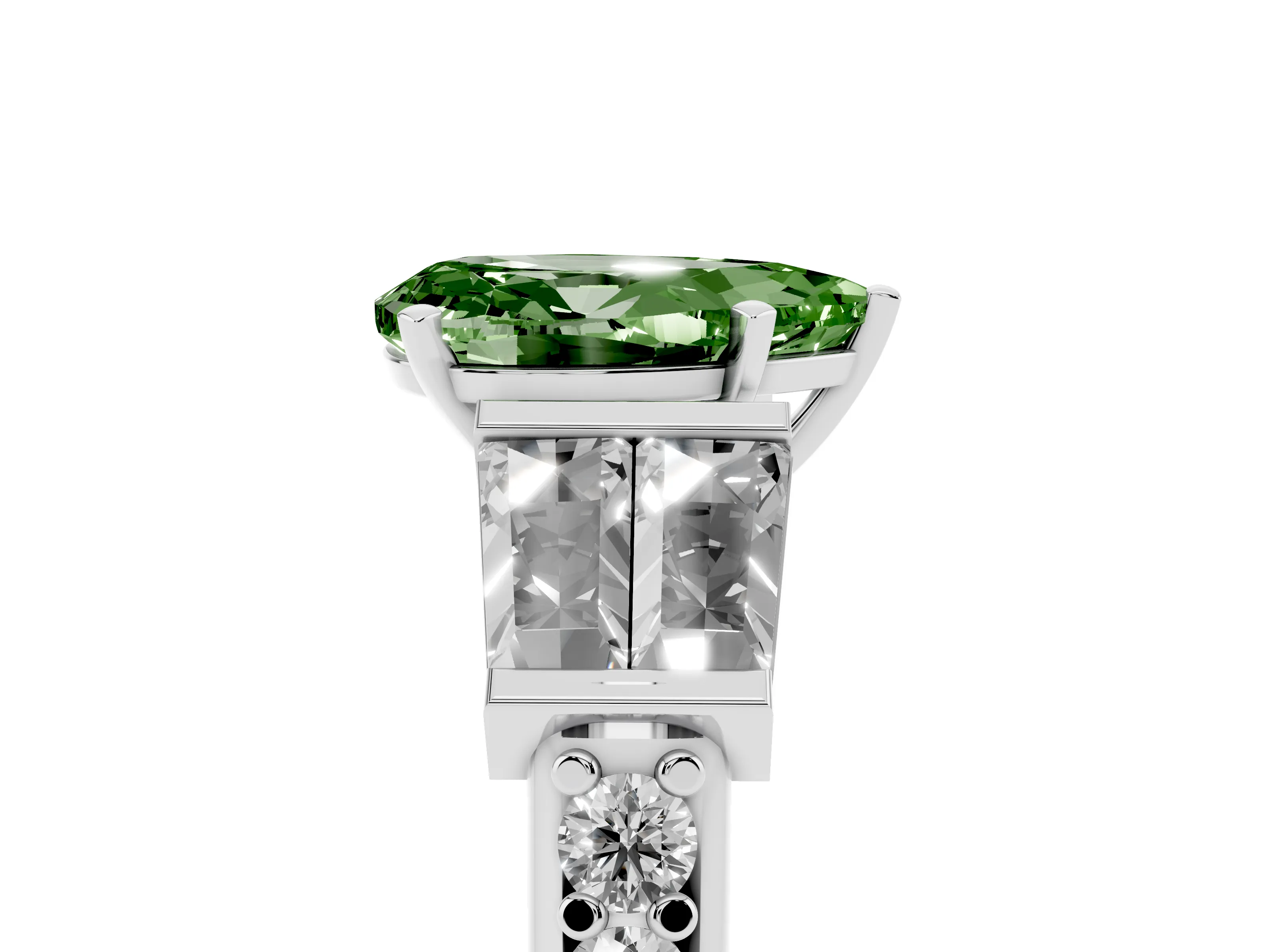 Fancy Green Pear Cut Diamond Engagement Ring Set in White gold with Baguette Side Stones and Channel Set Band