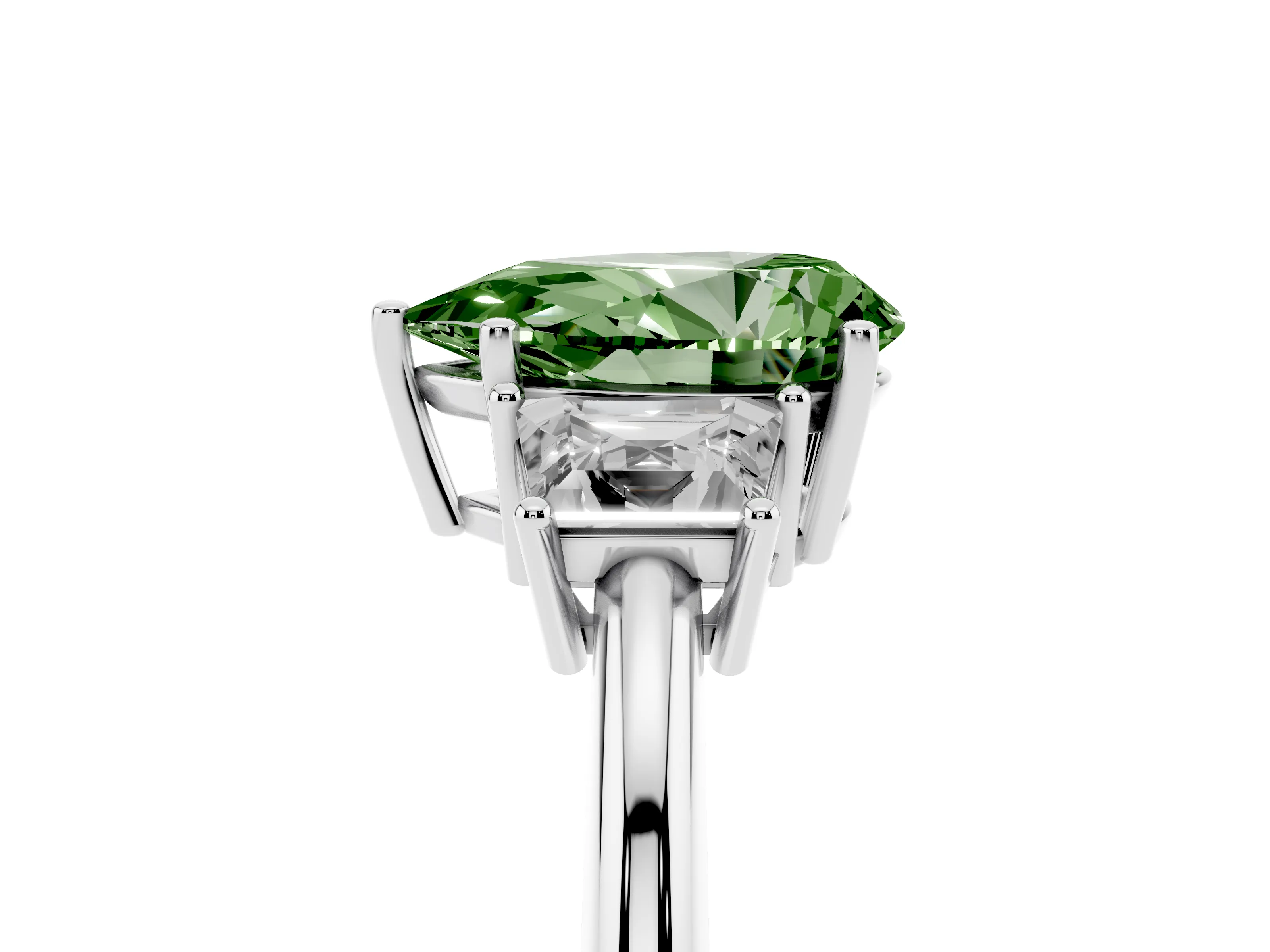 Fancy Green Pear Cut Diamond Three-Stone Ring Set in White gold with Trapezoid Side Stones and Prong Setting