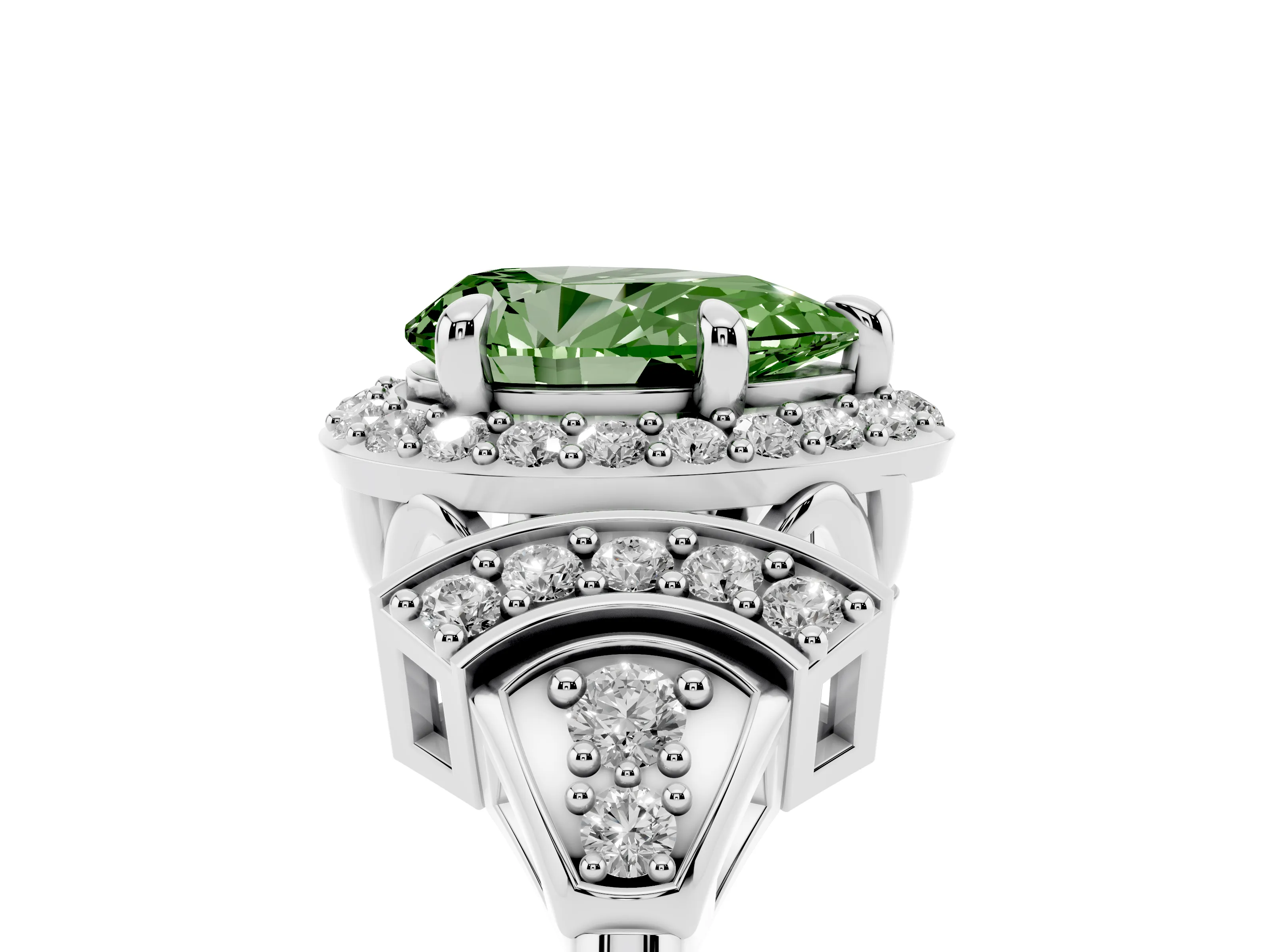 Fancy Green Pear Cut Diamond Halo Engagement Ring Set in Silver with Accent Stone Split Shank