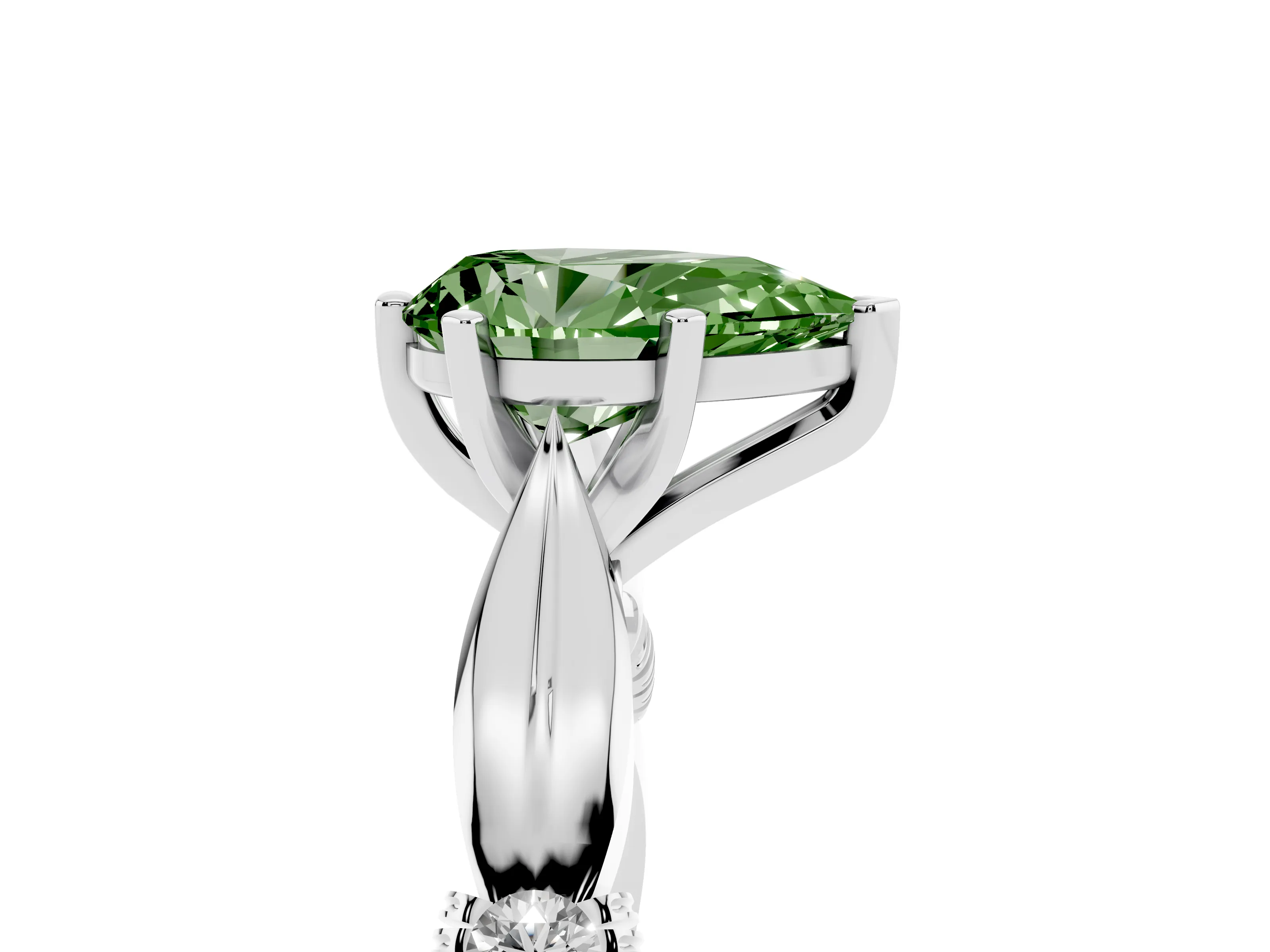 Fancy Green Pear Cut Diamond Solitaire Twisted Band Ring Set in Platinum with Accent Stones and Prong Setting
