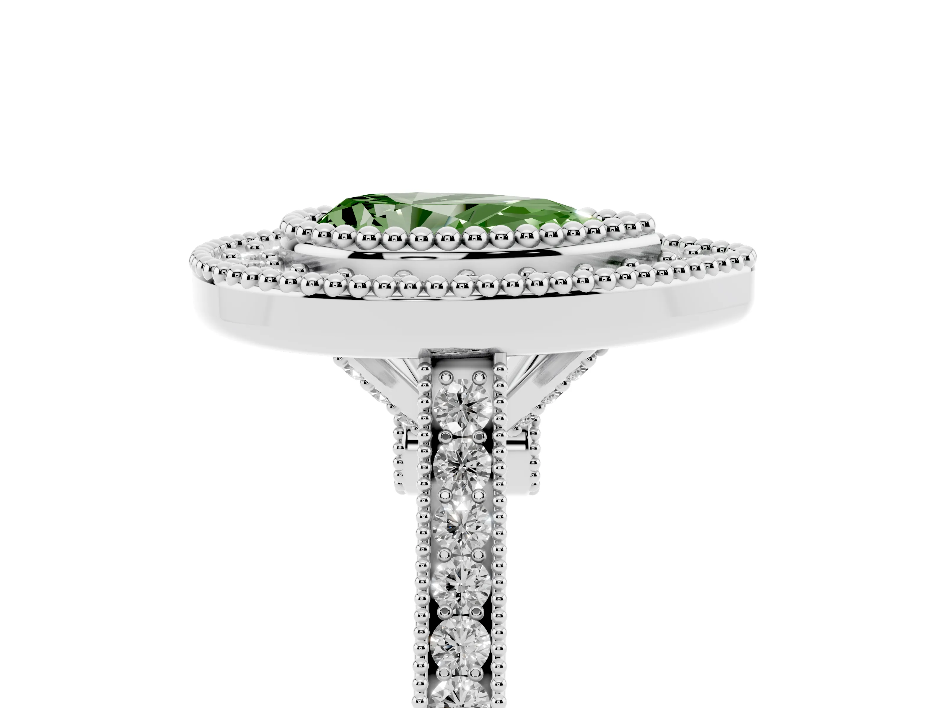 Fancy Green Pear Cut Diamond Halo Ring Set in Silver with Milgrain Frame and Pavé Band