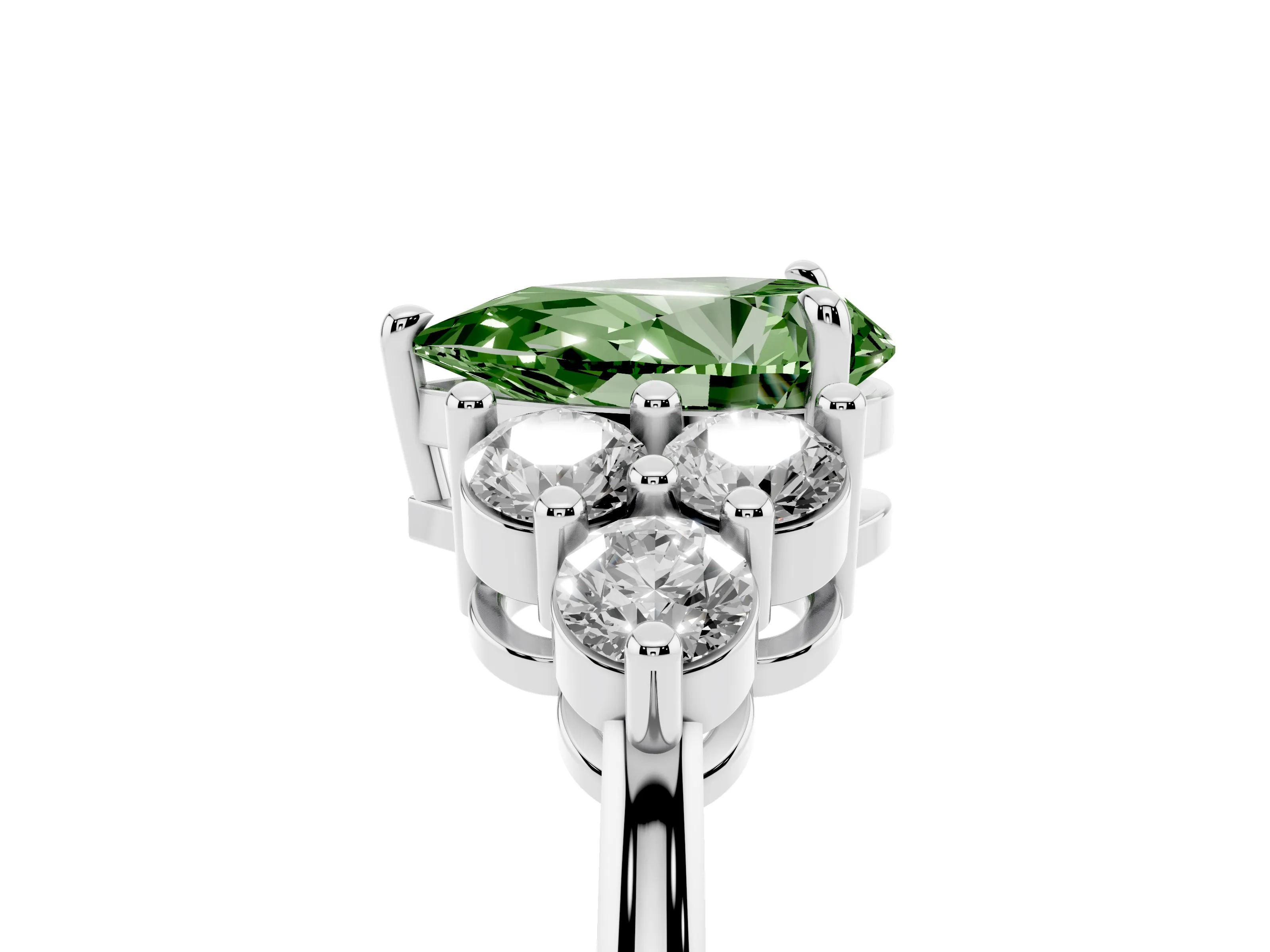 Fancy Green Pear Cut Diamond Solitaire Ring Set in Silver with Cluster Accents on Each Side